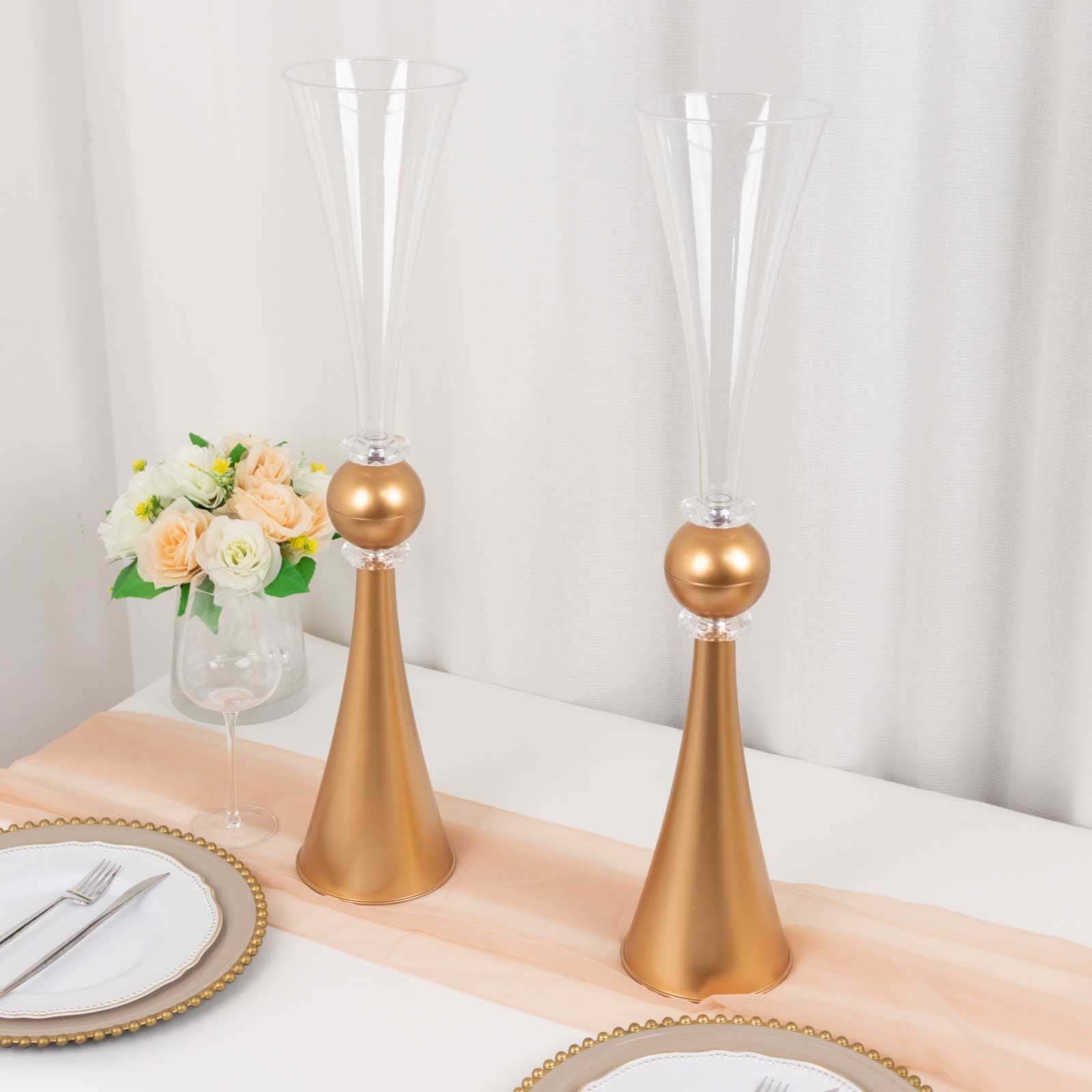 Hot Deal! 2-Pack Reversible Plastic Trumpet Flower Vases with Crystal Embellishments in Clear and Gold for Events