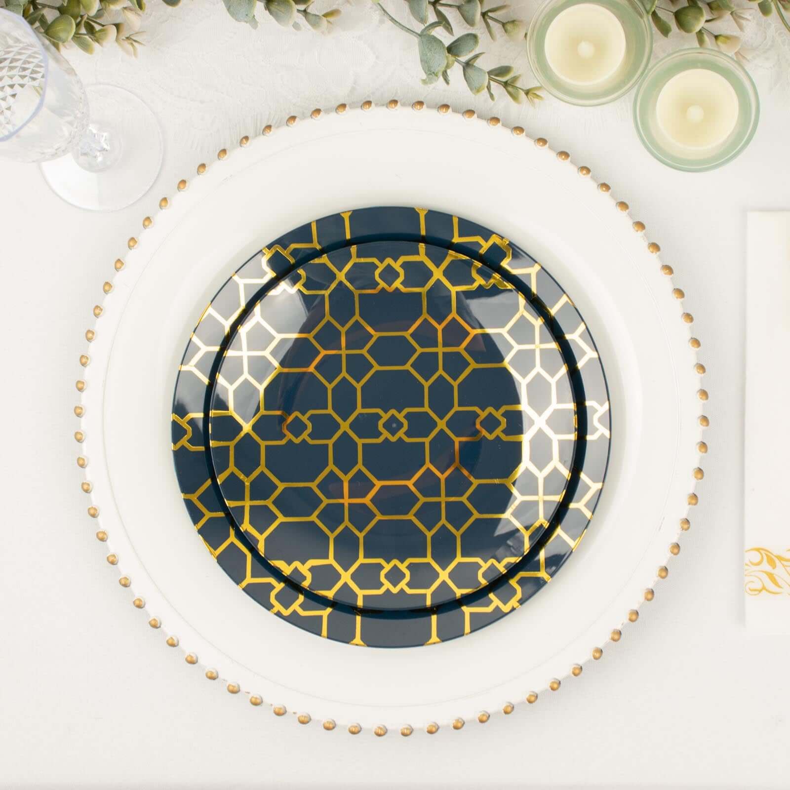 Hot Deal! 20-Pack Navy Blue Plastic Dinnerware Set with Gold Geometric Print for Weddings