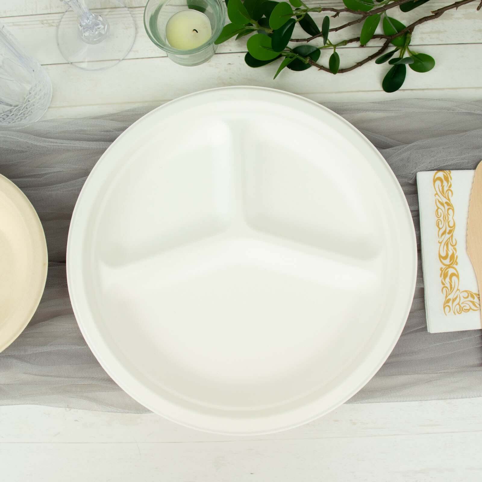 Eco-Friendly 50-Pack White Round 10-Inch 3-Compartment Dinner Plates from Bagasse - Ideal for Events & Catering