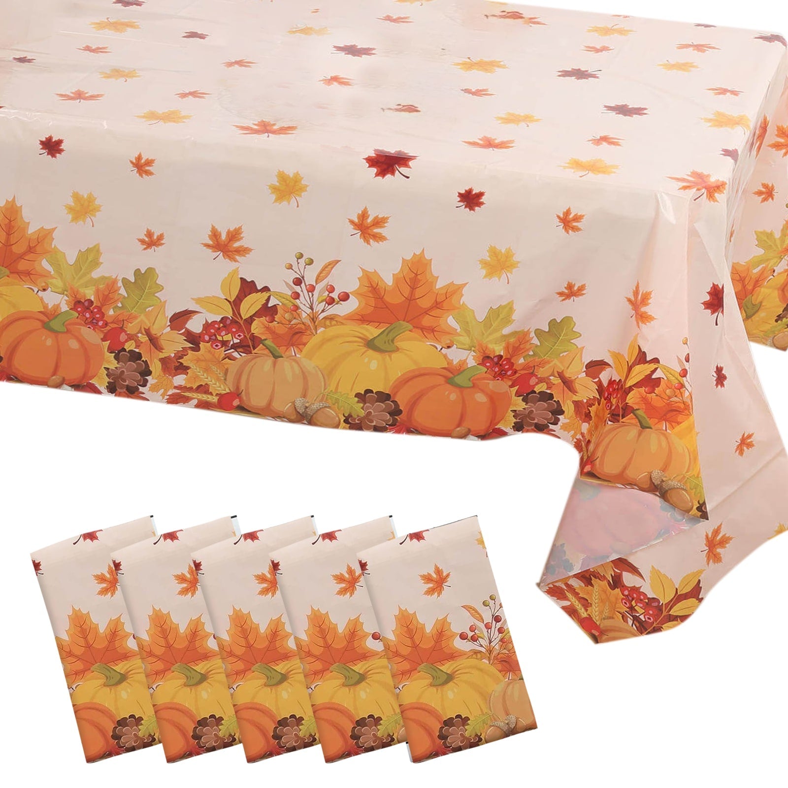 5-Pack Orange Thanksgiving Plastic Rectangle Tablecloths with Fall Leaves & Pumpkin Print - Festive PVC Disposable Covers