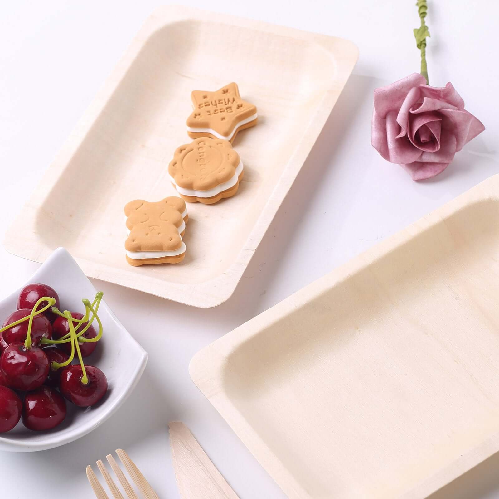 25-Pack Natural Birchwood 5x8 Rectangle Disposable Dessert Plates - Ideal for Special Events