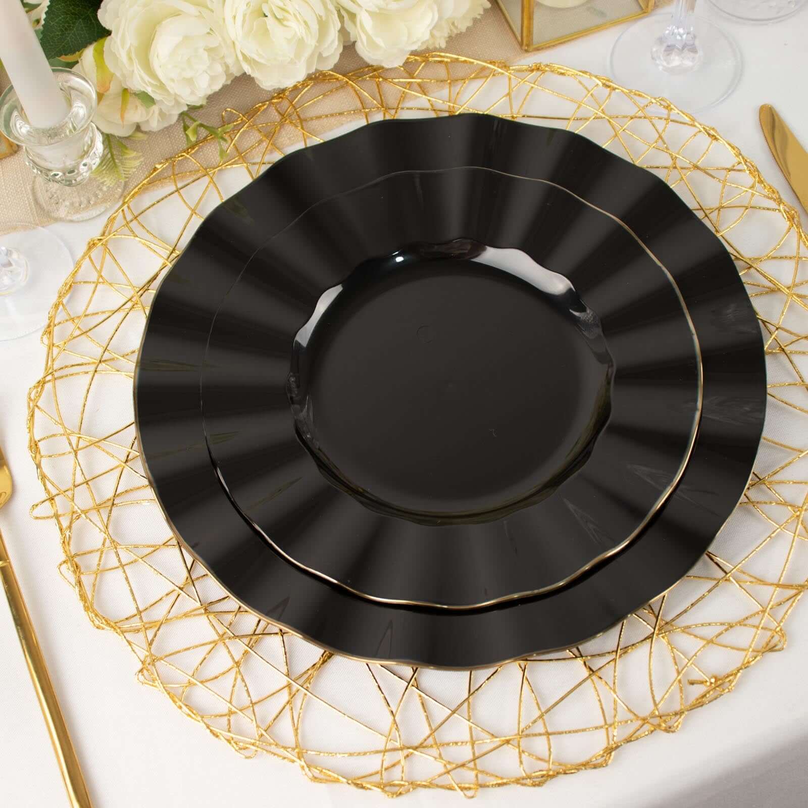 10-Piece Set of Sturdy Black Plastic Round Dinner Plates with Gold-Rimmed Ruffled Edges
