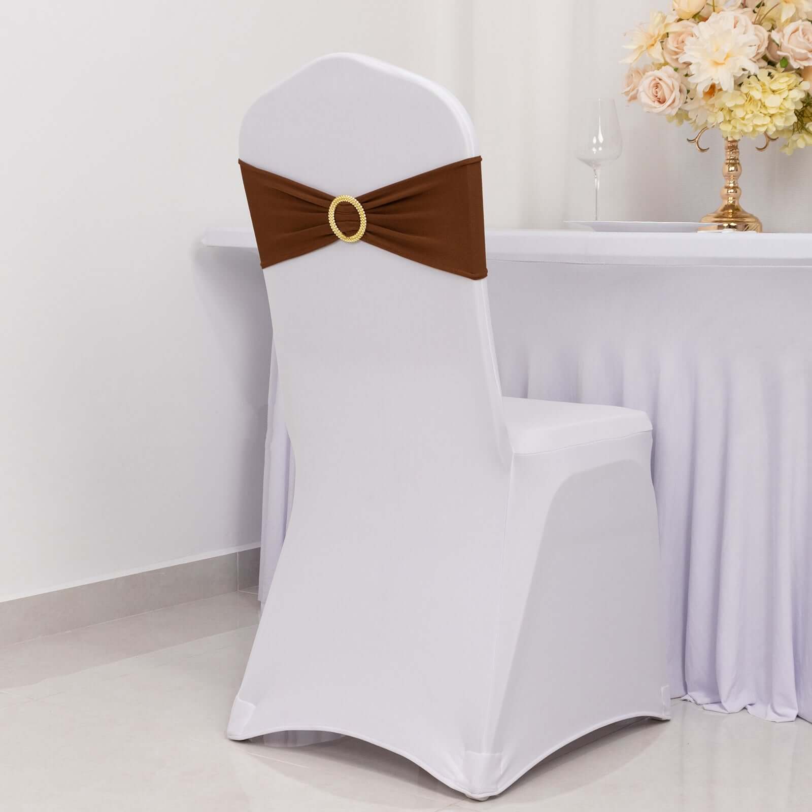 Hot Sale! 5-Piece Set of Reusable Cinnamon Brown Spandex Chair Sashes with Gold Rhinestone Buckles, 5x14