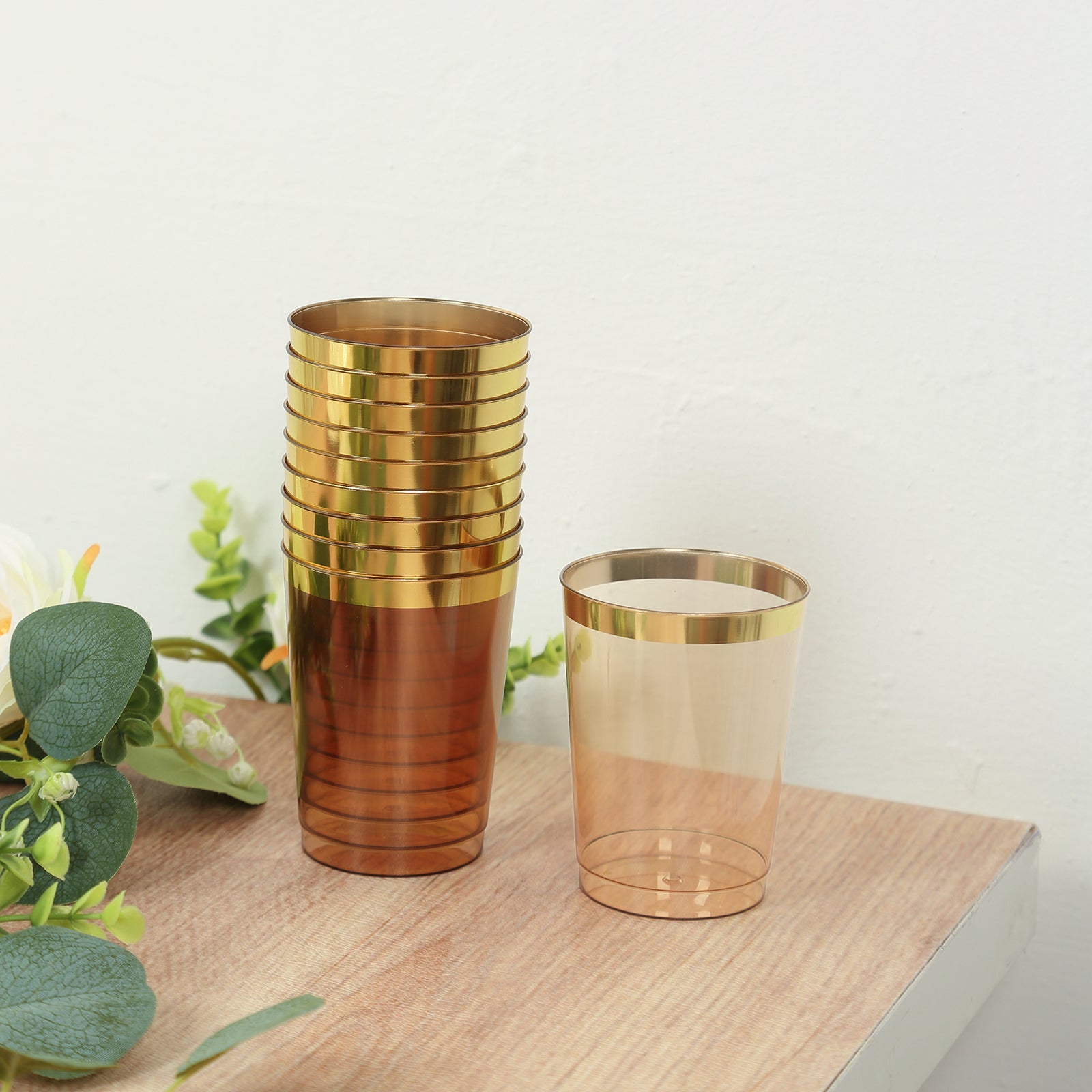 Get 25-Pack of 10oz Transparent Amber Gold Plastic Tumbler Cups with Gold Rim for Stylish Disposable Party