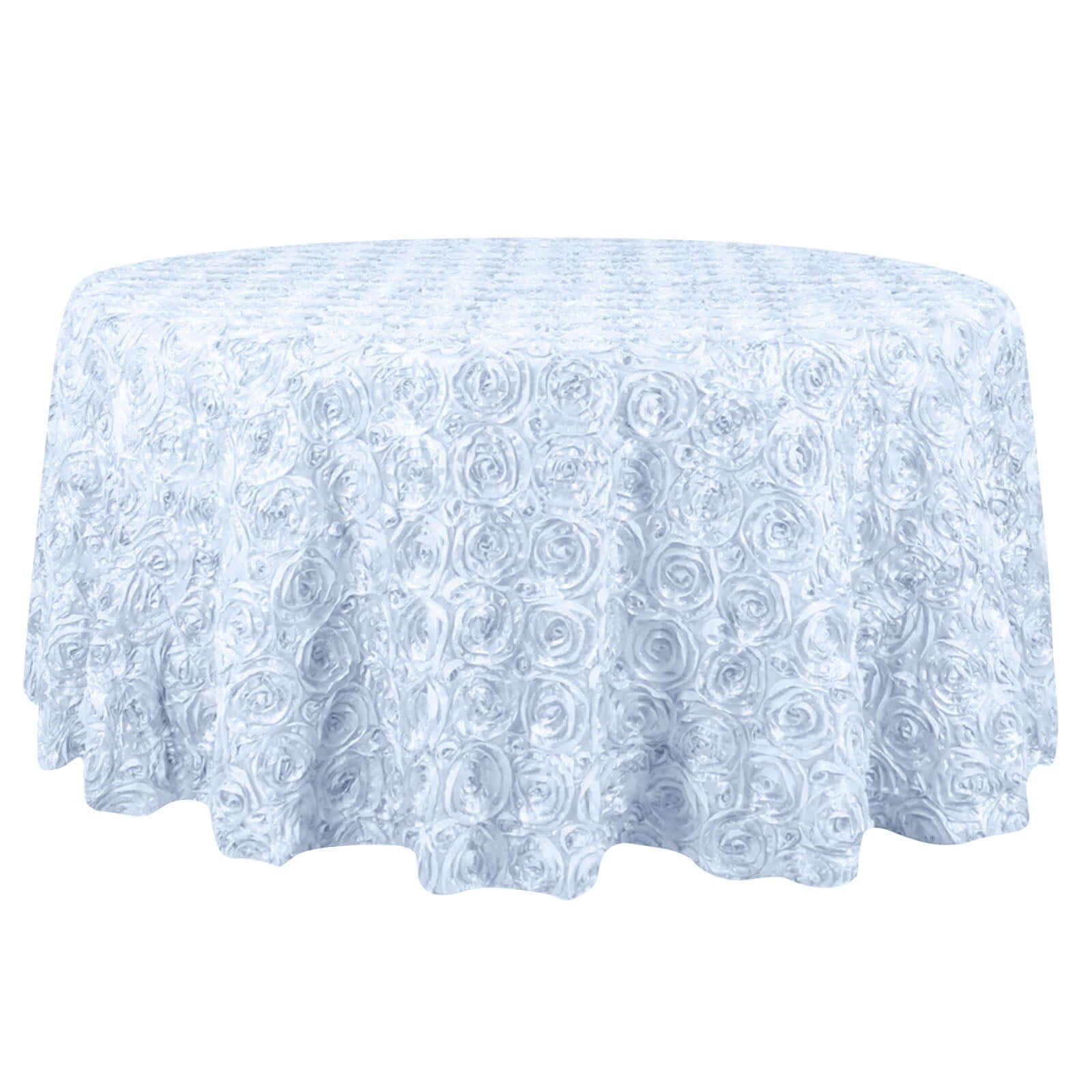 Hot Sale! White Satin 132-Inch Round Tablecloth with Stunning 3D Rosette Design for Elegant Events