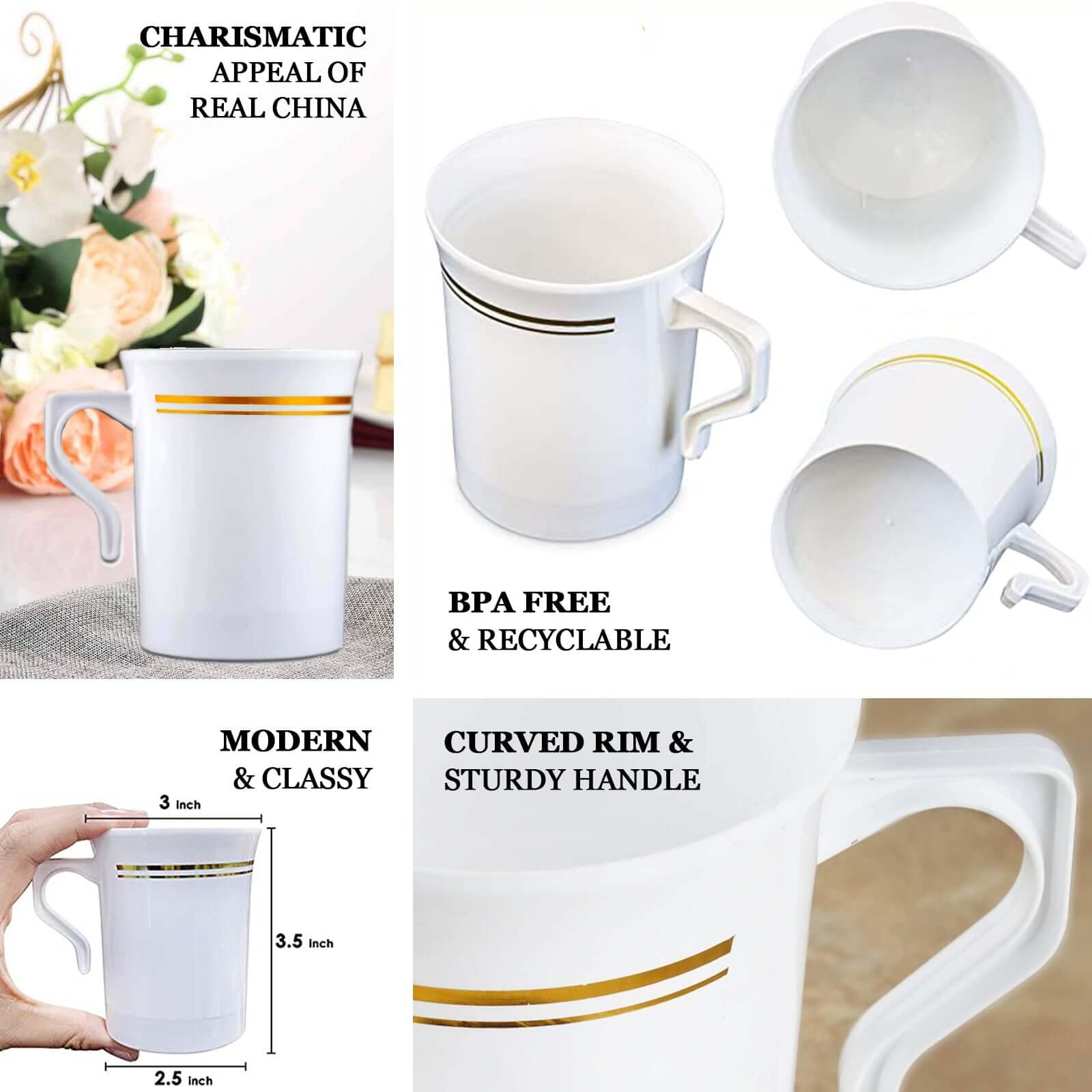 8-Piece Set of Disposable White Plastic Coffee Mugs with Gold Stripes - 8oz Sturdy Cups for Coffee & Tea