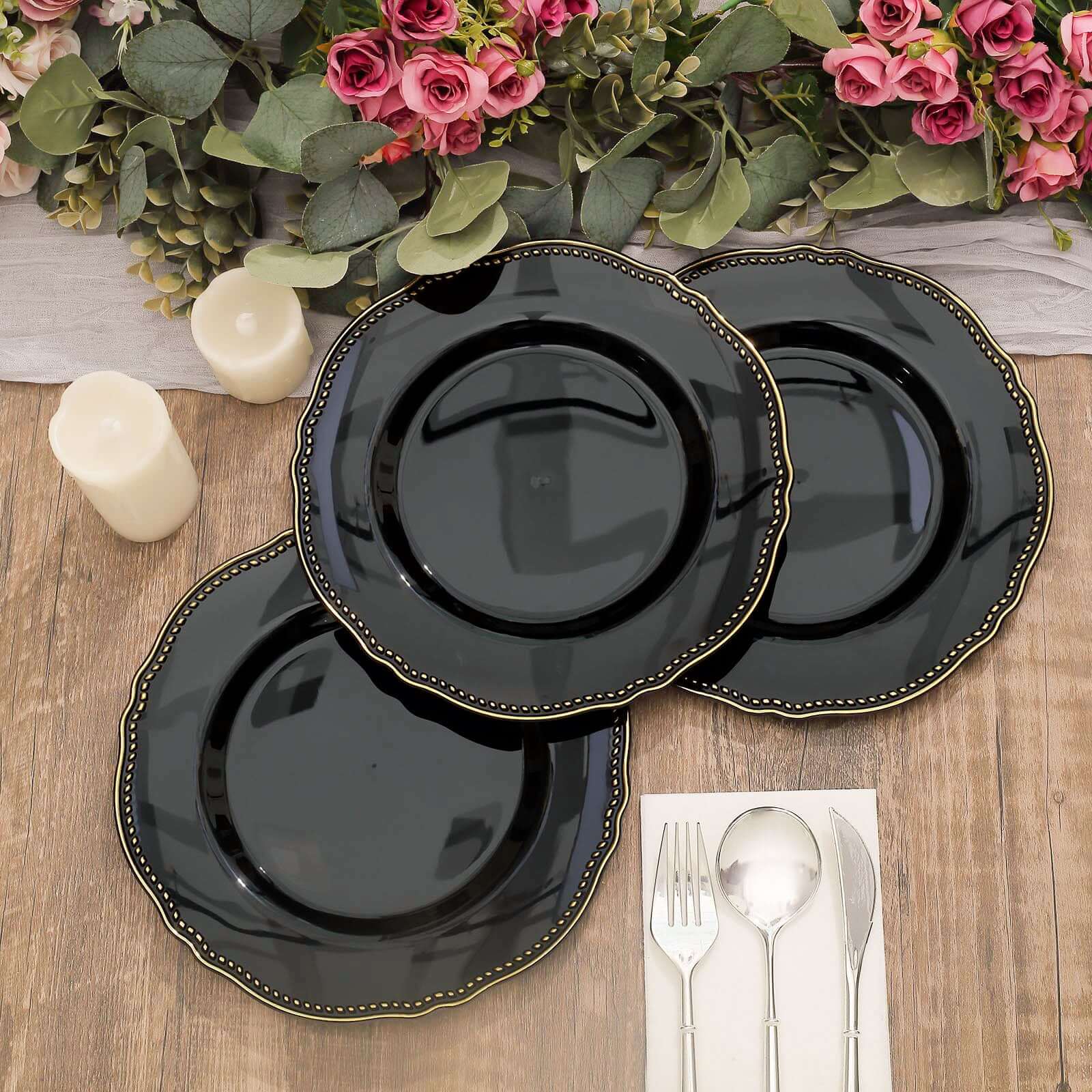 10-Piece Set of Disposable Black Plastic Dinner Plates with Gold Scalloped Rim, 9 Inches for Upscale Events