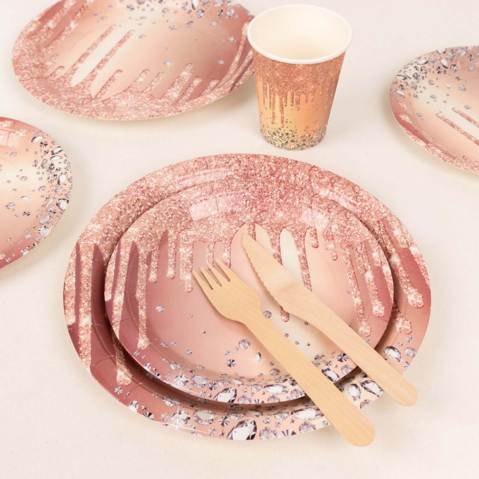 Hot Sale! 72-Piece Disposable Paper Dinnerware Set in Rose Gold with Diamond Glitter Drip Pattern