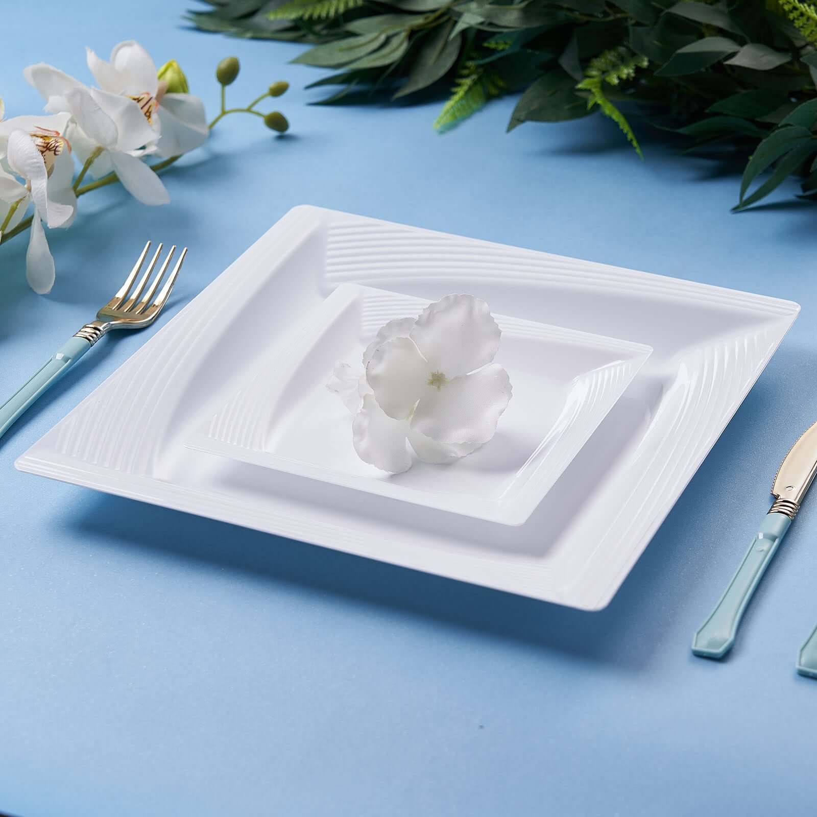 10-Pack White Disposable Plastic Square Dessert and Salad Plates with Geometric Ridge Trim for Stylish Events