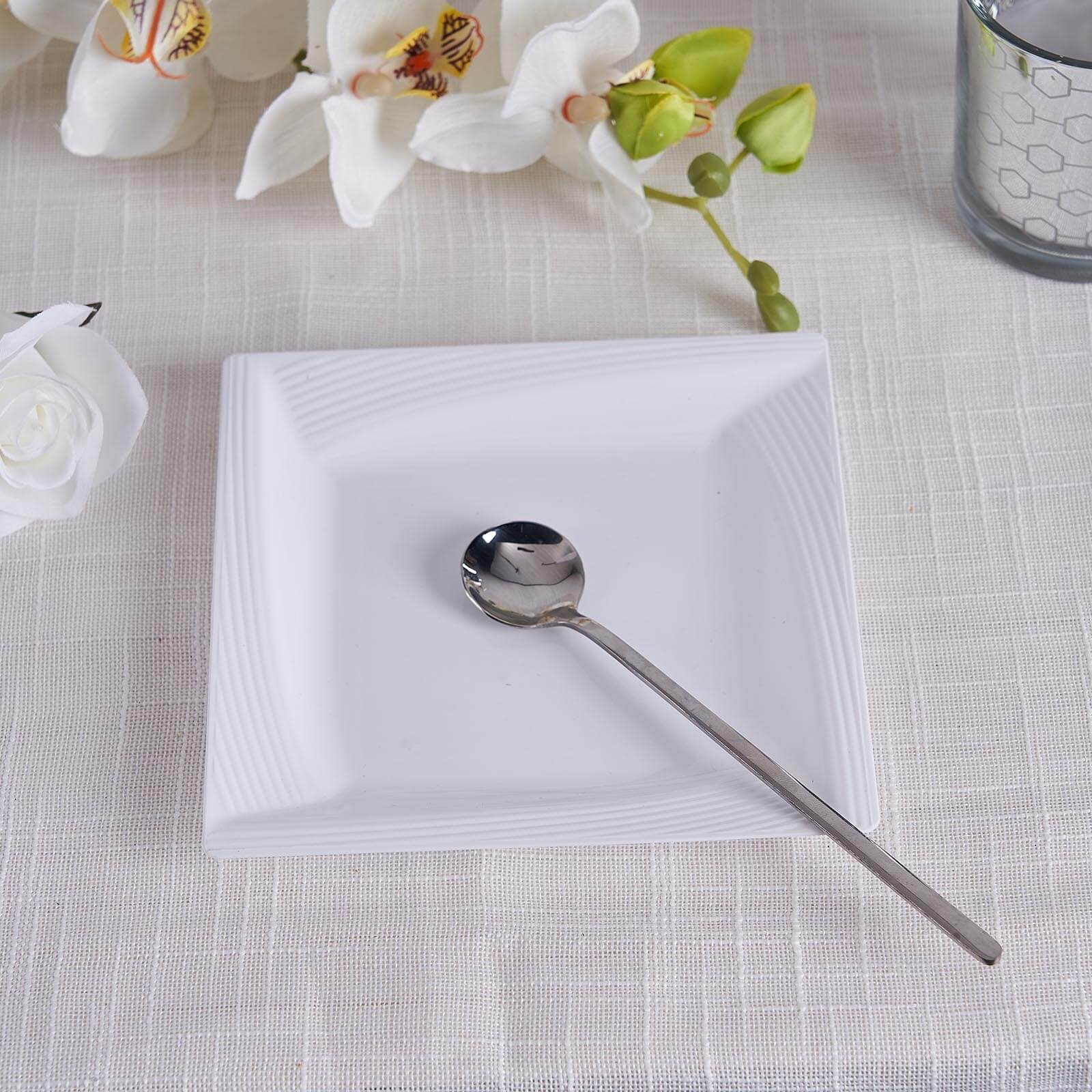 10-Pack White Disposable Plastic Square Dessert and Salad Plates with Geometric Ridge Trim for Stylish Events