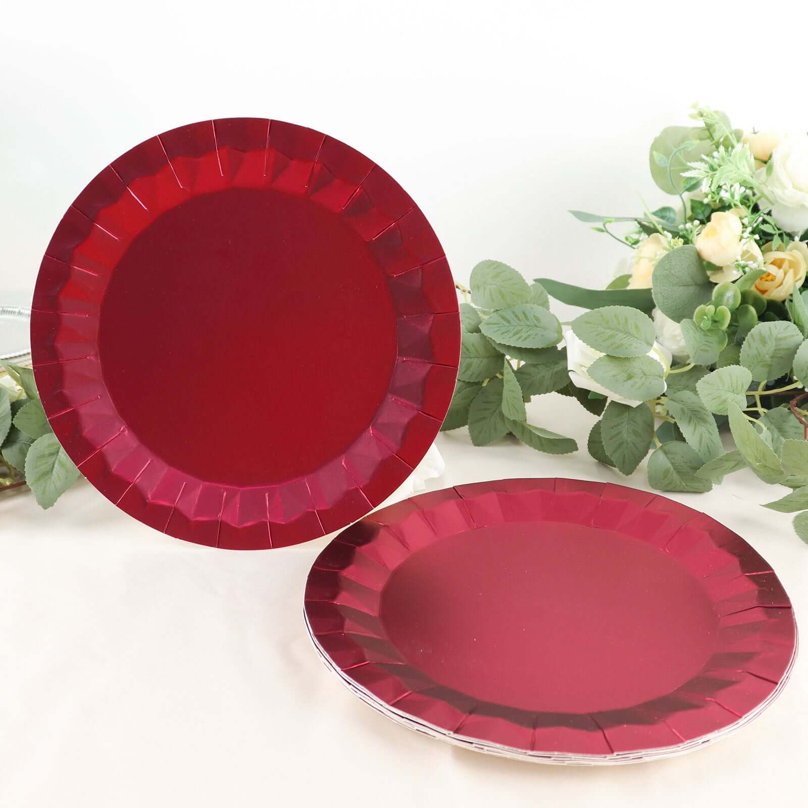 25-Piece Set of 9-Inch Round Disposable Burgundy Paper Dinner Plates with Geometric Prism Rim, 400GSM