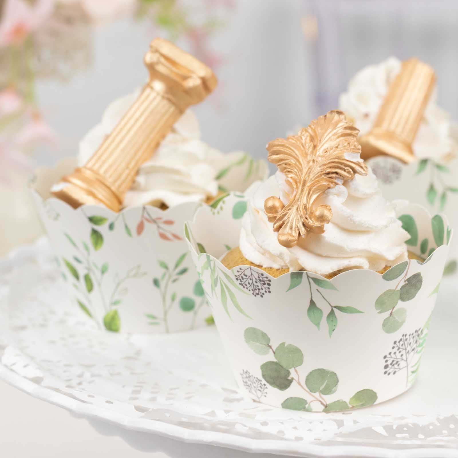 25-Piece Premium Paper Cupcake Wrappers with Eucalyptus Leaves Print in White and Green