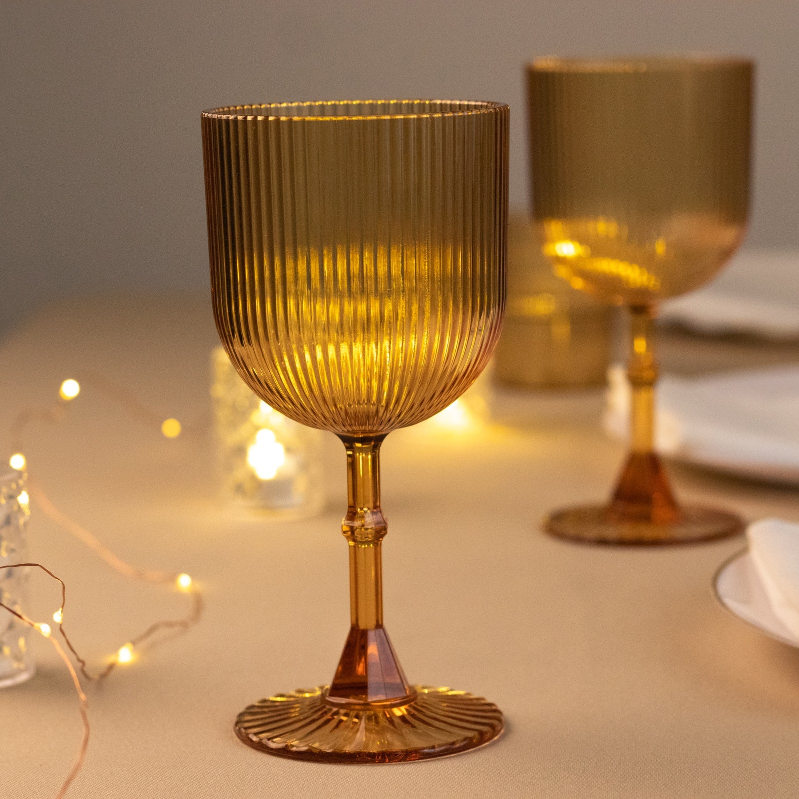 12-Pack Reusable 9oz Amber Gold Vintage Ribbed Plastic Wine Goblets - Shatterproof Glassware