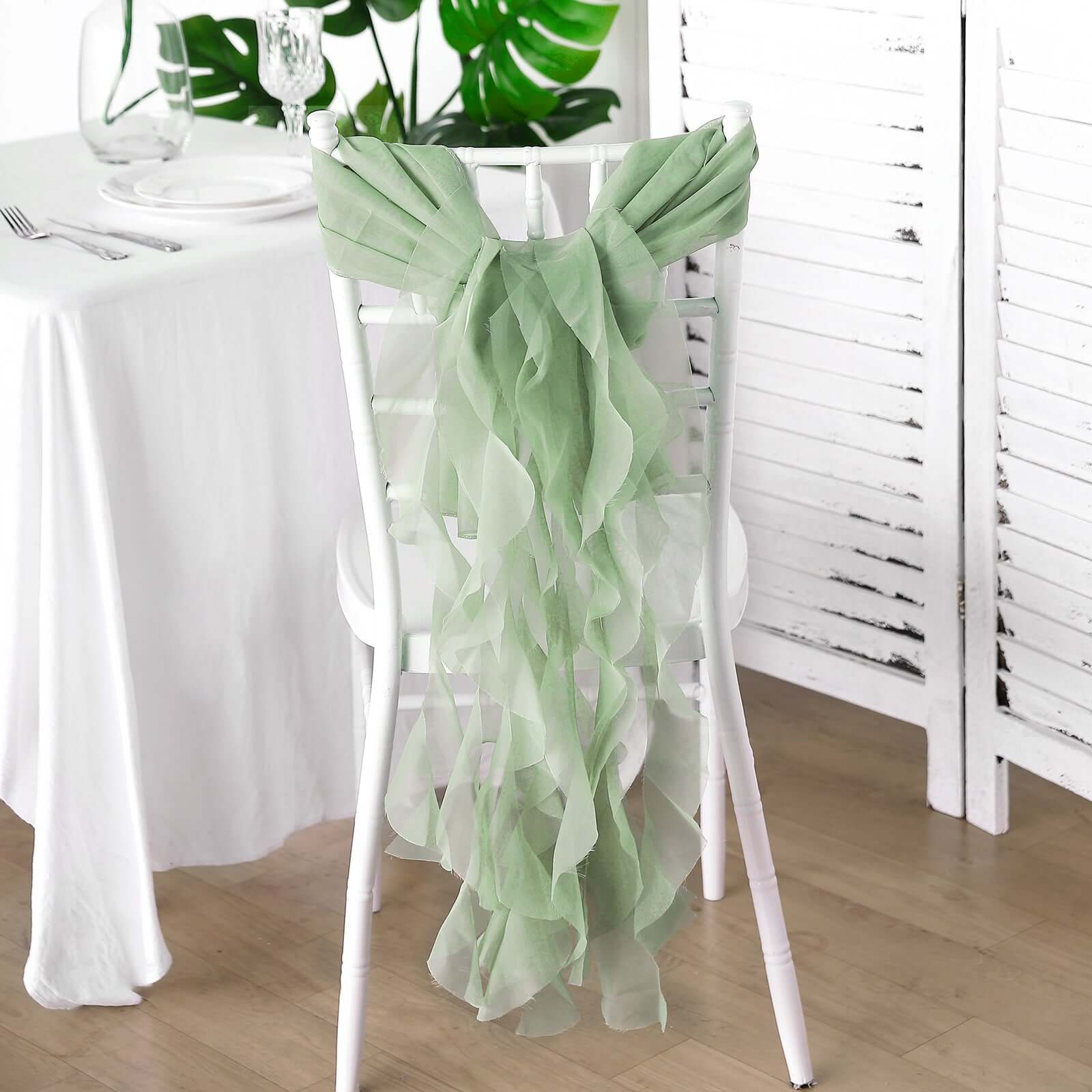 Stylish Sage Green Chiffon Chair Sashes Set with Willow Ruffles Design
