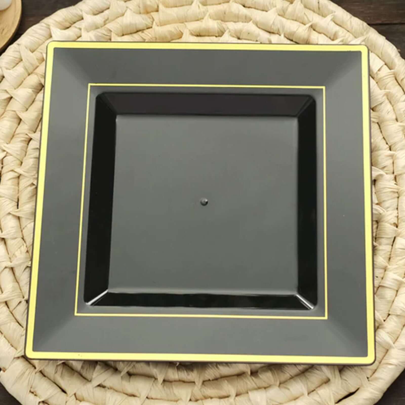10-Piece Set of Lightweight Disposable Black Square Dinner Plates with Gold Trim