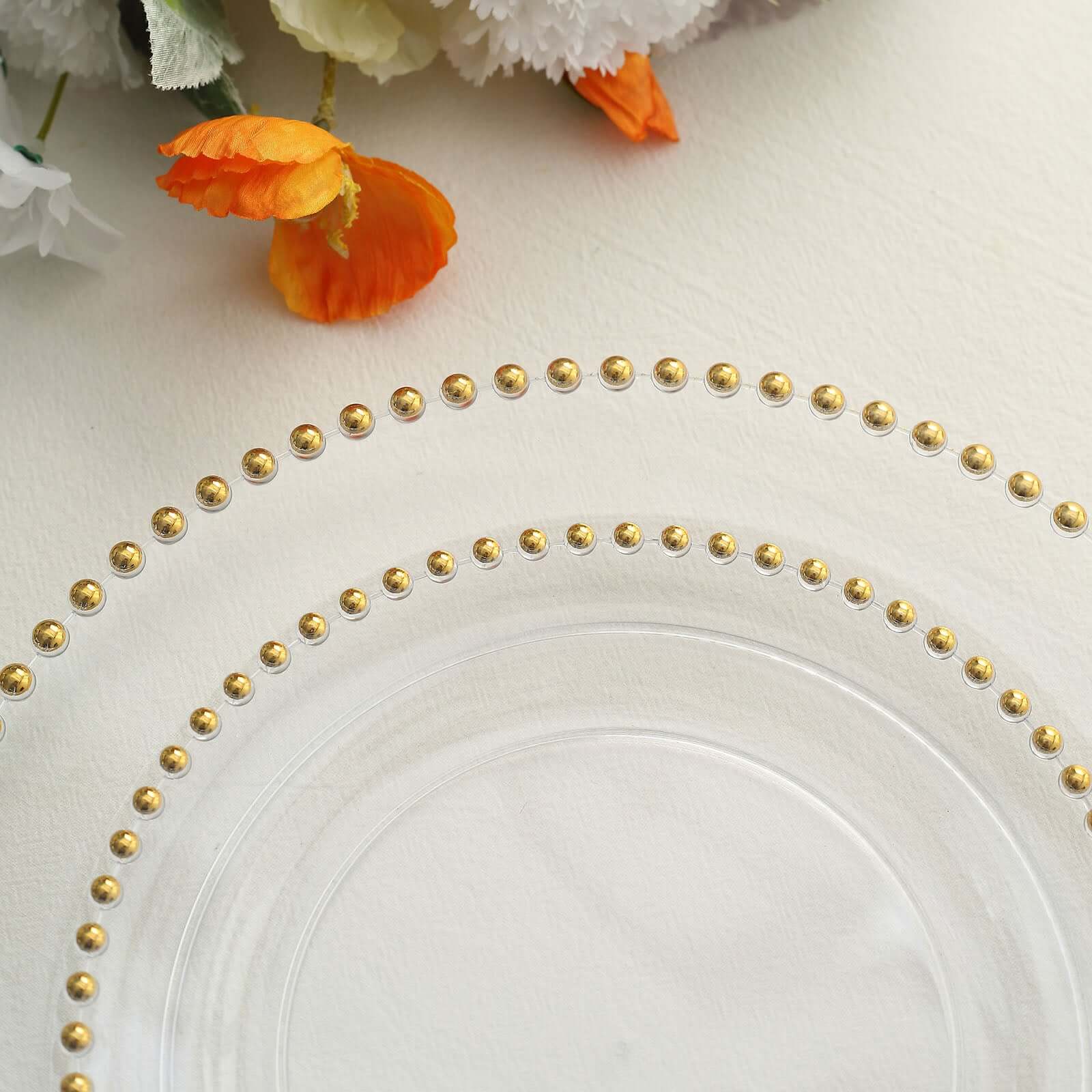 Get 10-Pack of Disposable Round Clear Plastic Dinner Plates with Gold Beaded Rim for Parties