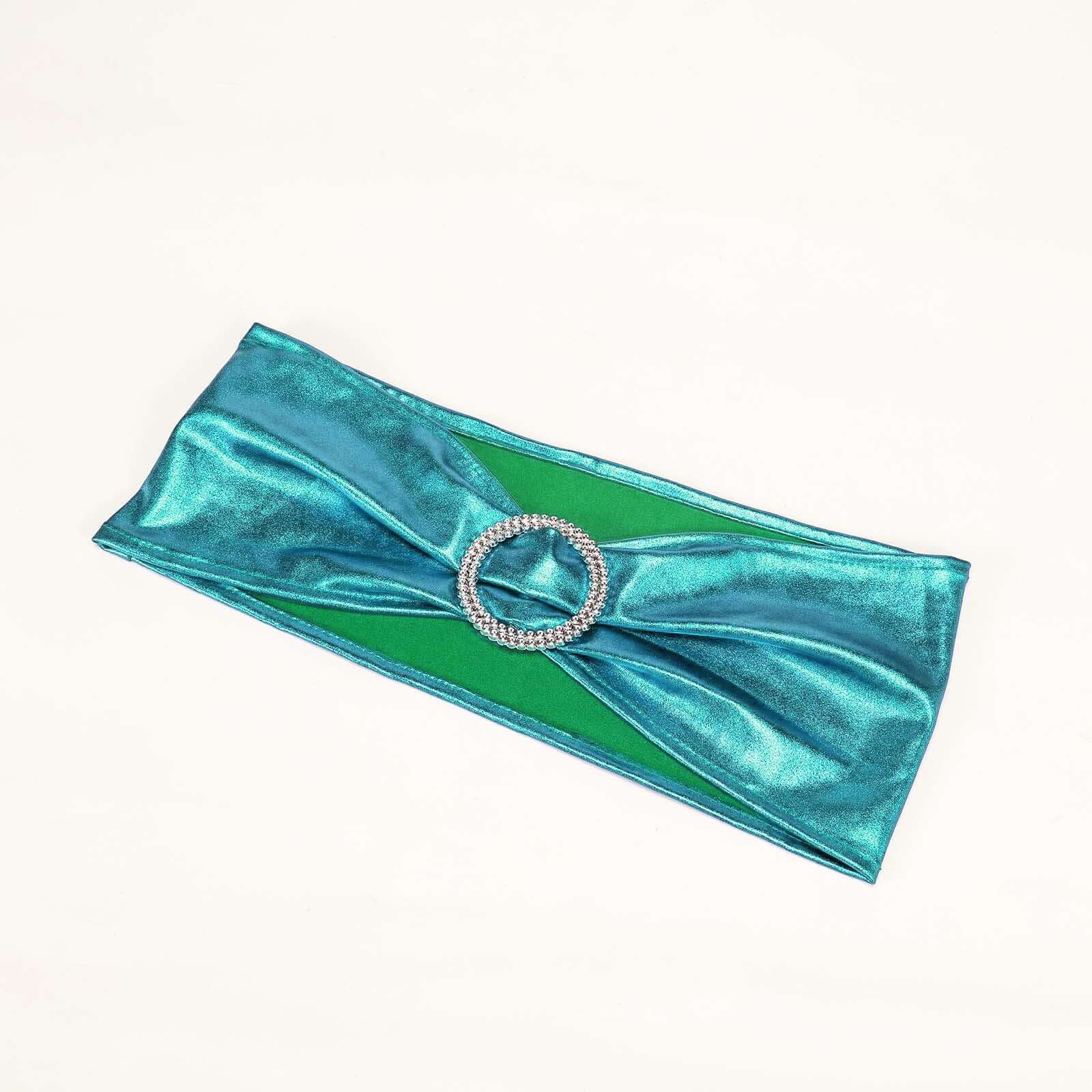 5-Pack Metallic Peacock Teal Spandex Chair Sashes with Round Diamond Buckles - Great for Events