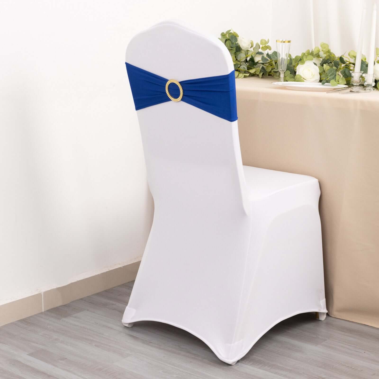 Royal Blue Spandex Chair Sashes with Gold Rhinestone Buckles - 5 Pack, Reusable & Four-Way Stretch