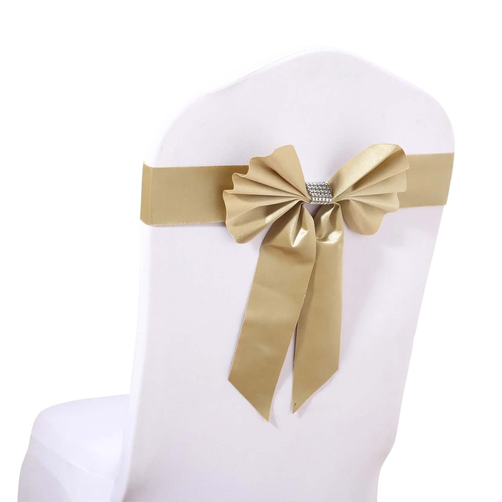 Set of 5 Durable Double-Sided Champagne Satin Faux Leather Chair Sashes with Diamond Rhinestone Buckles