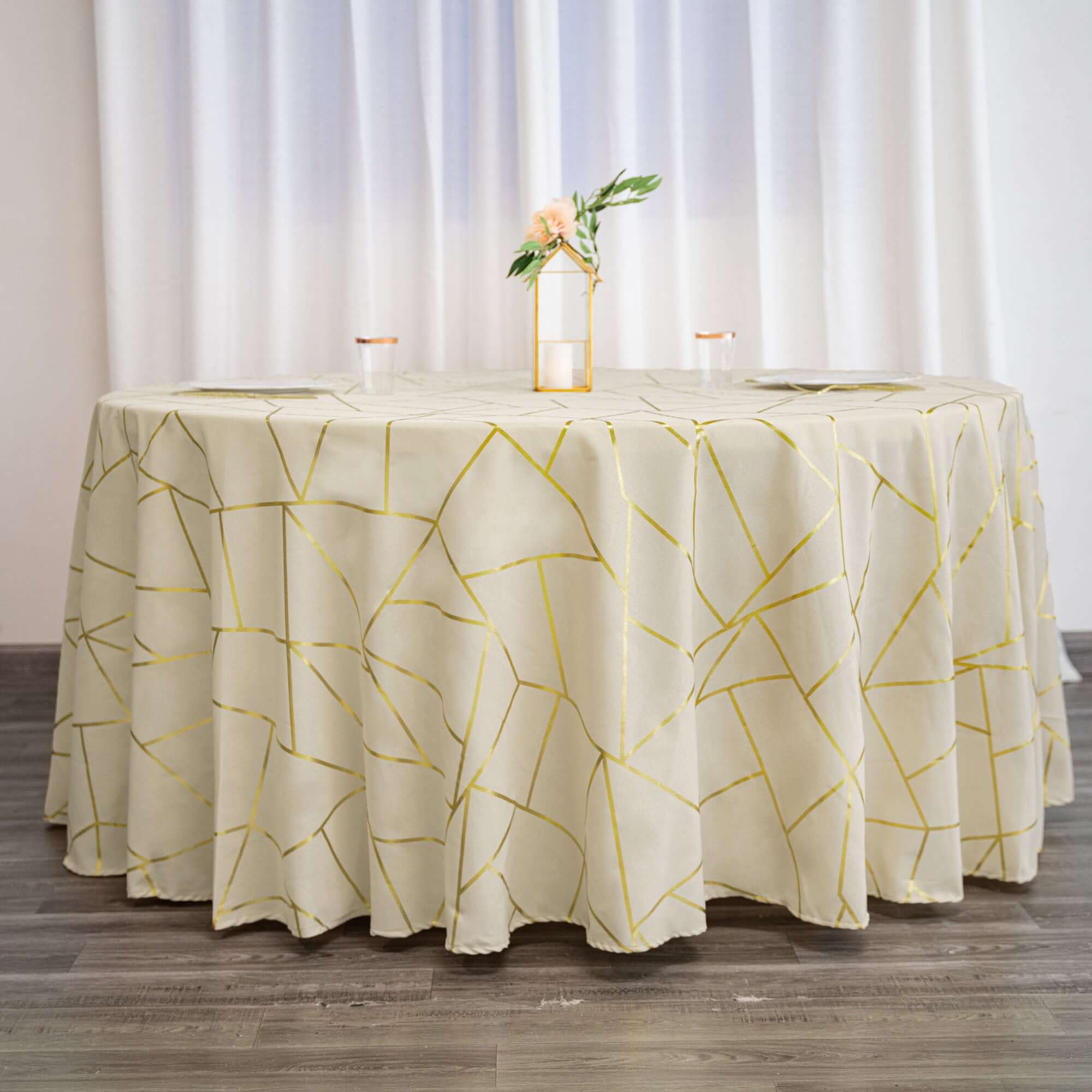 Exclusive Beige Polyester 120 Round Tablecloth with Gold Foil Geometric Pattern - Wrinkle-Resistant