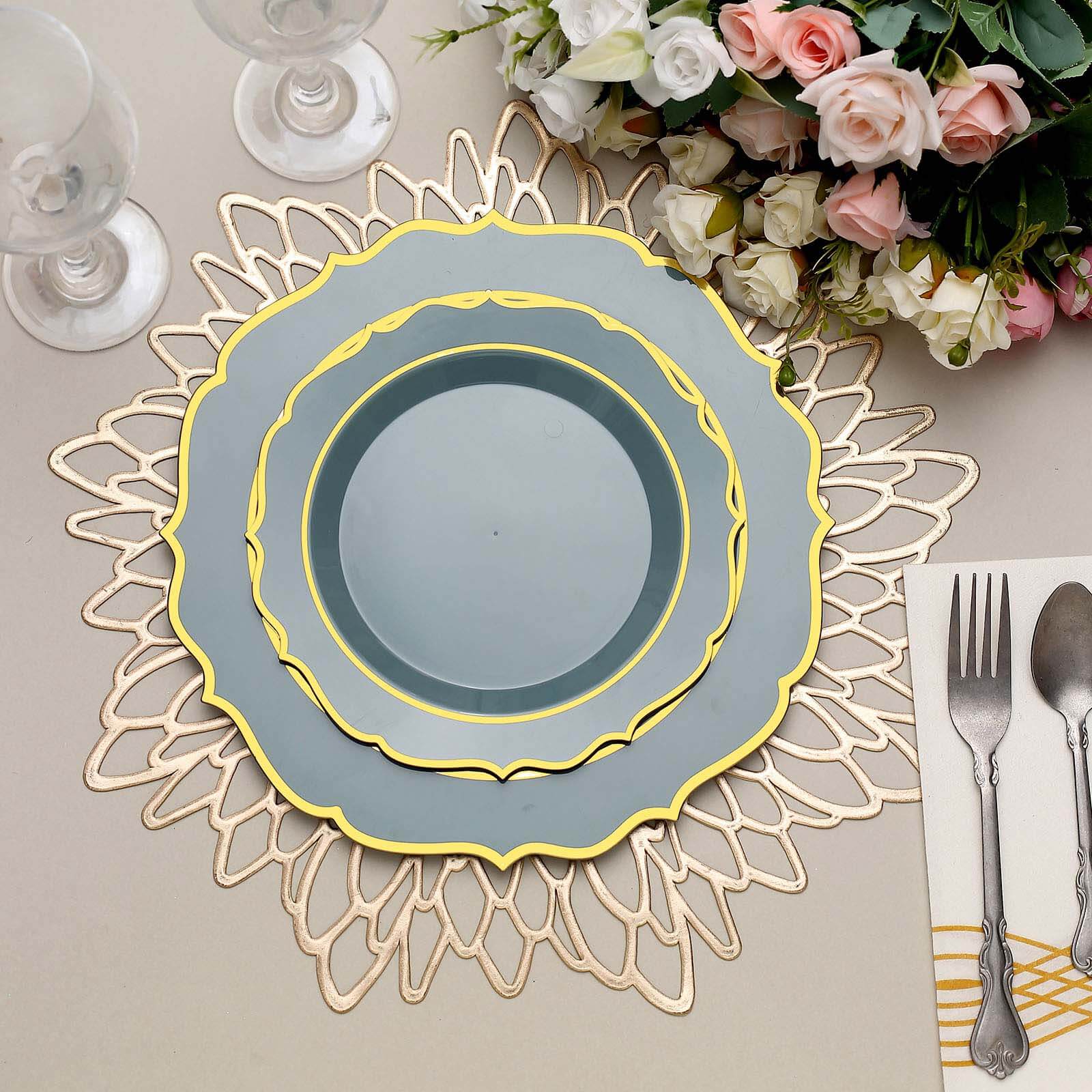 Hot Deal! 10-Pack 8" Disposable Dusty Blue Plastic Desert Plates with Gold Scalloped Rim