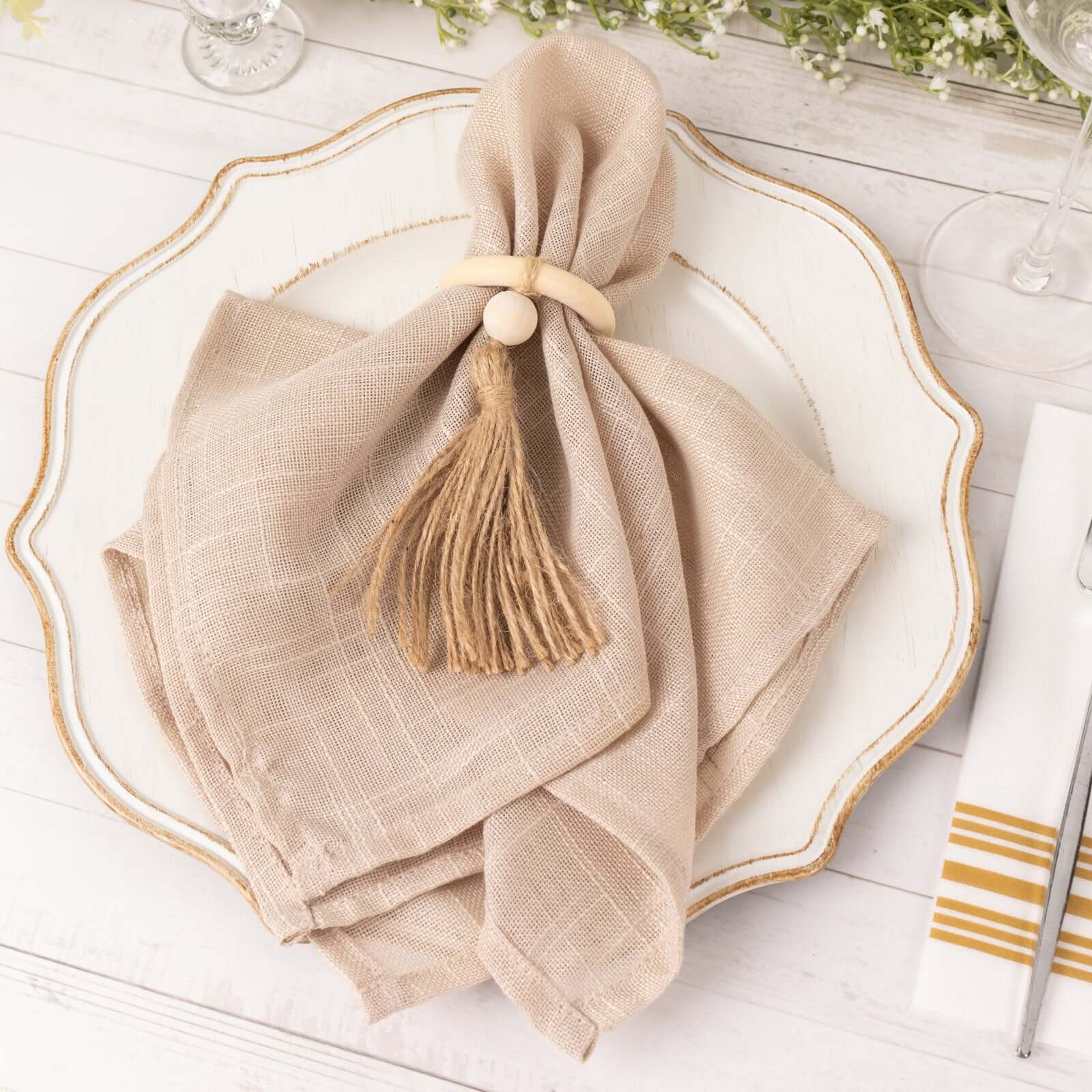 4-Pack Cream Wooden Napkin Rings with Jute Tassels - Rustic Boho Style