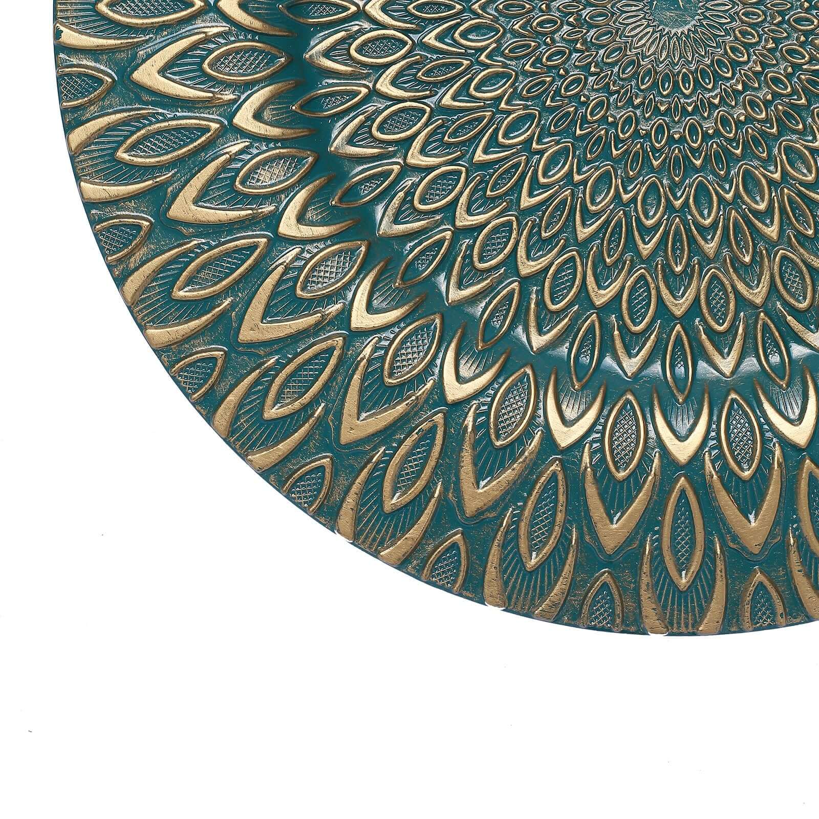 6-Piece Set of 13-Inch Teal Plastic Charger Plates with Gold Embossed Peacock Design