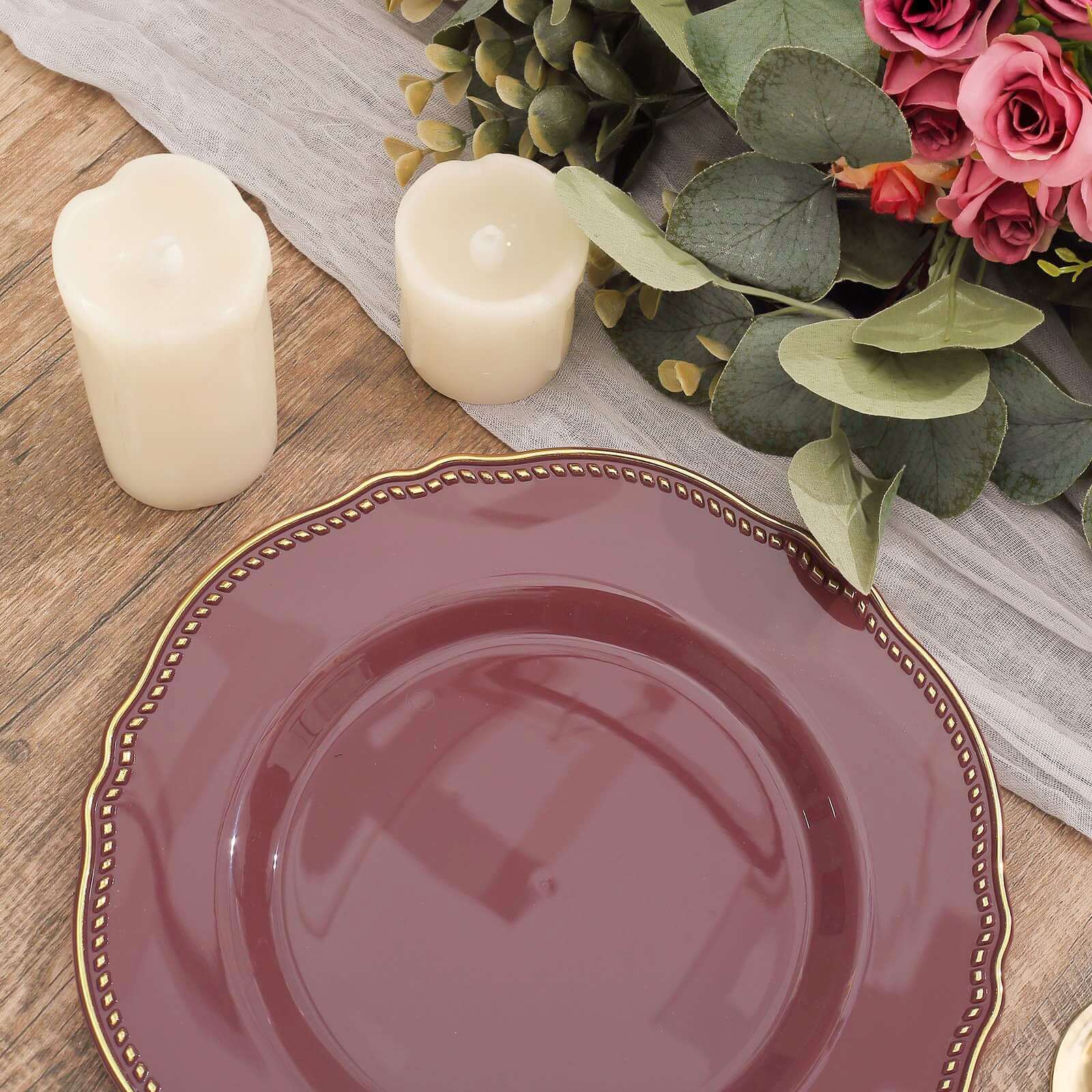 Hot Deal! 10-Pack 9" Disposable Plastic Dinner Plates in Cinnamon Rose with Gold Rim