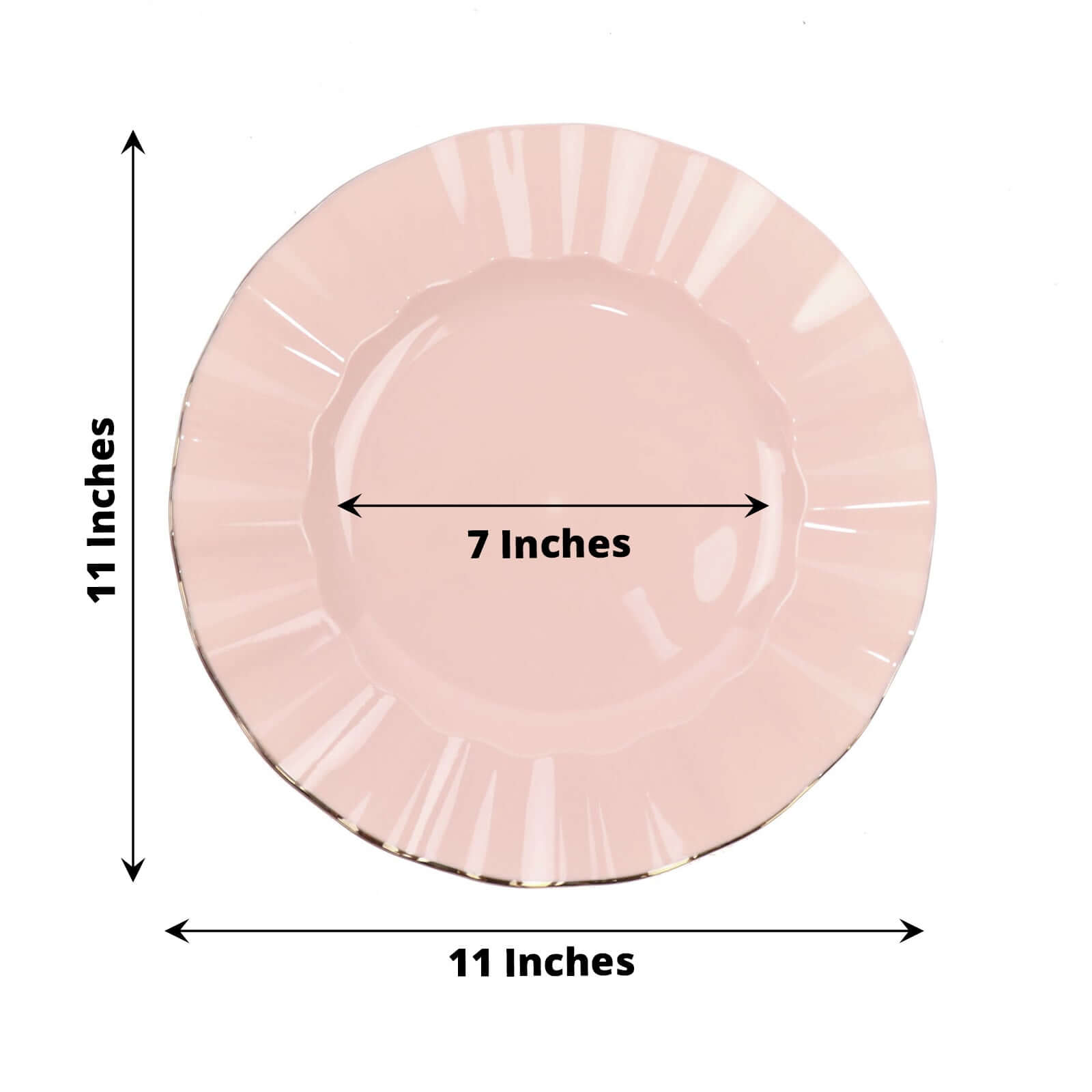 10-Piece Set of Sturdy Blush Plastic Round Dinner Plates with Gold Ruffled Edging