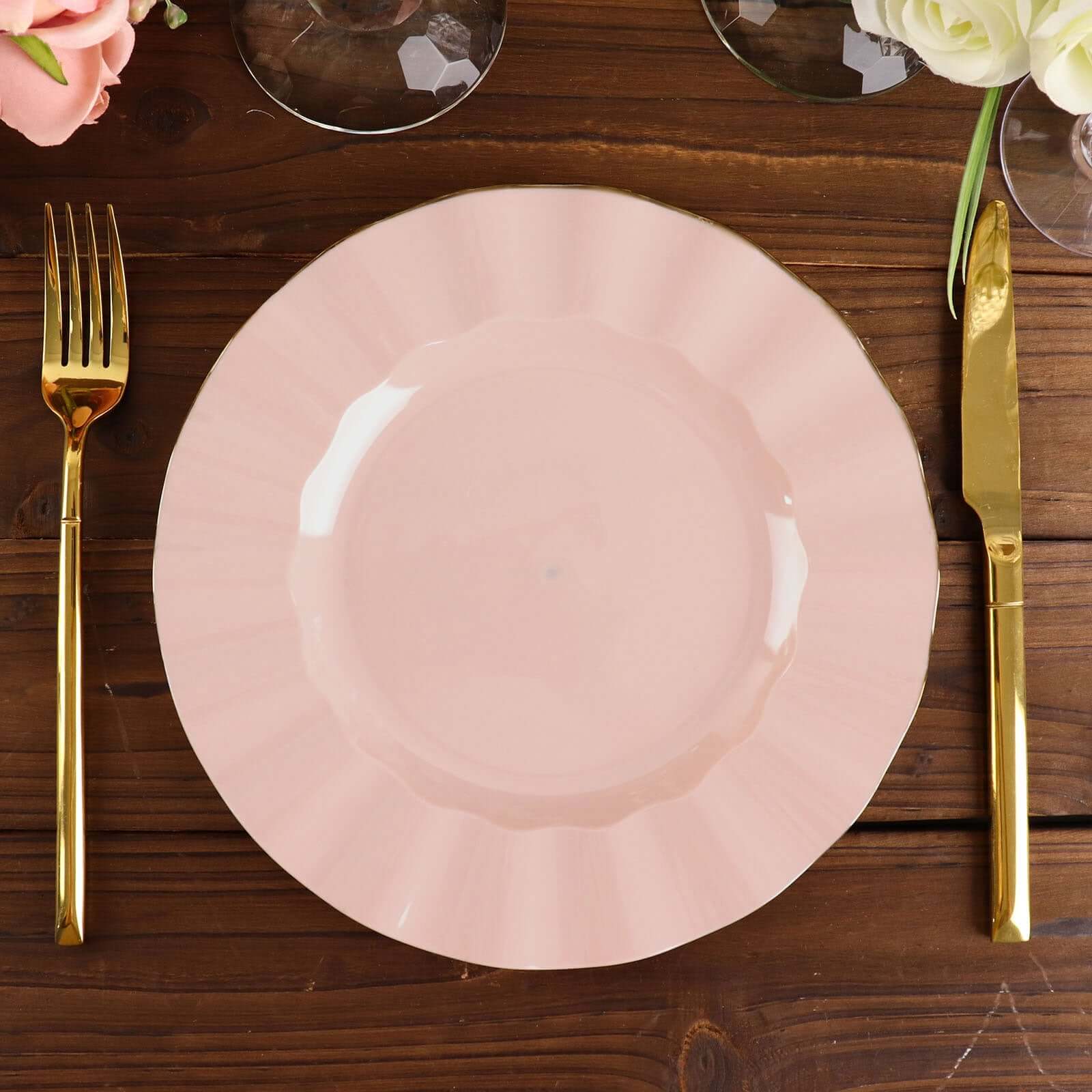 10-Pack Blush Plastic Round Dinner Plates with Gold Edging - Ideal Disposable Dinnerware
