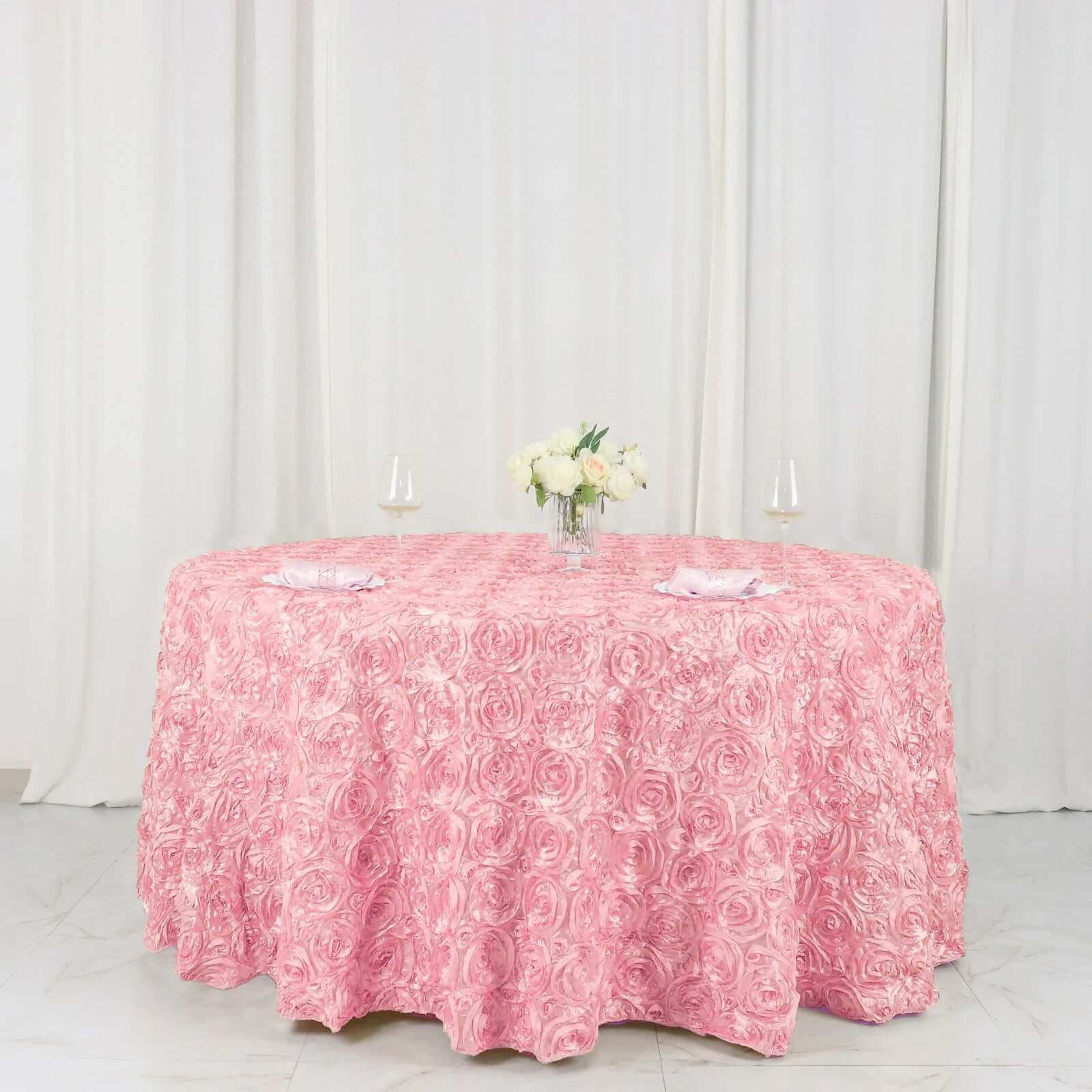 Hot Sale! 120-Inch Pink Satin Round Tablecloth with Stunning 3D Rosette and Seamless Finish