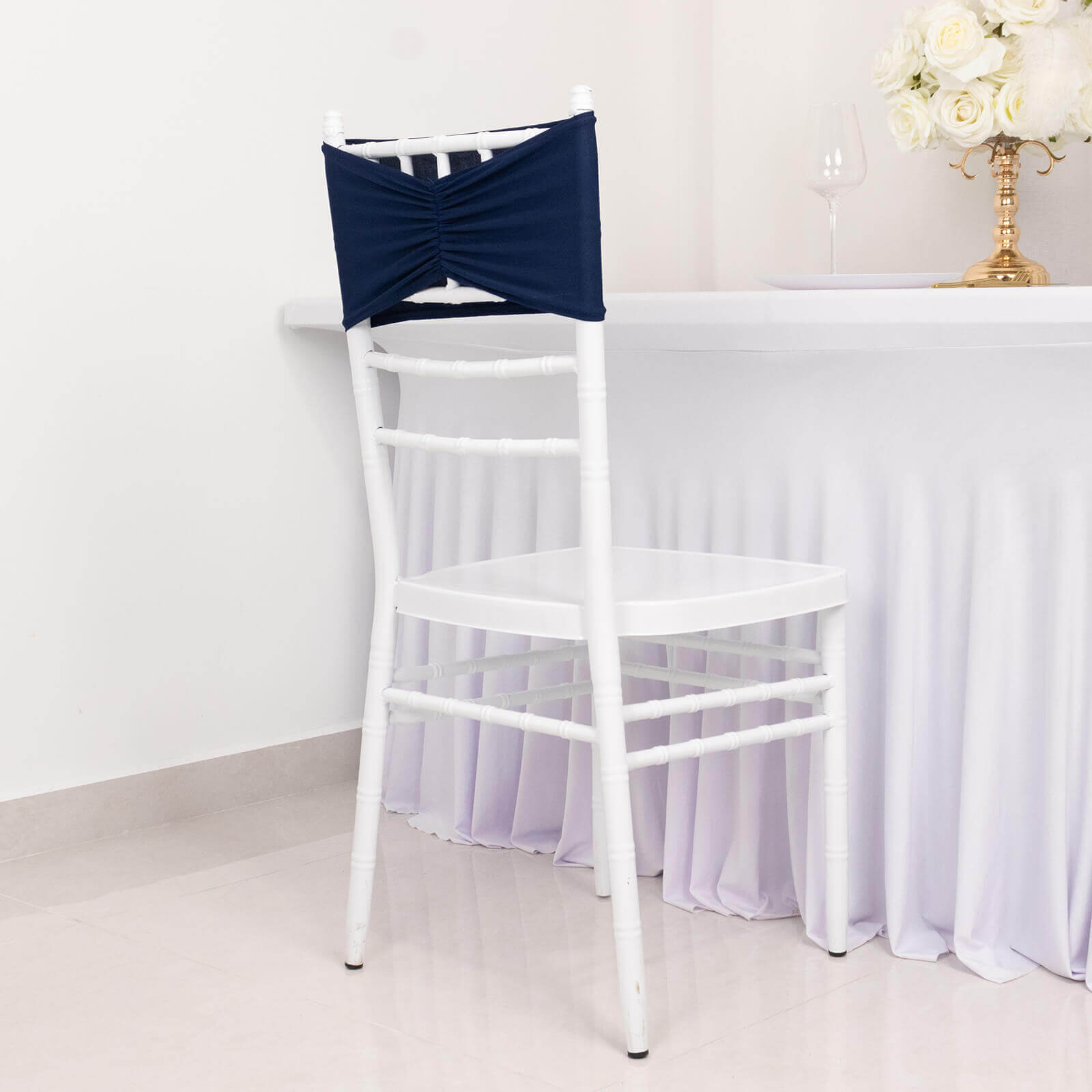 Navy Blue Ruffled Spandex Chair Sashes - 5 Pack, 8x13 Wide Stretch Bands