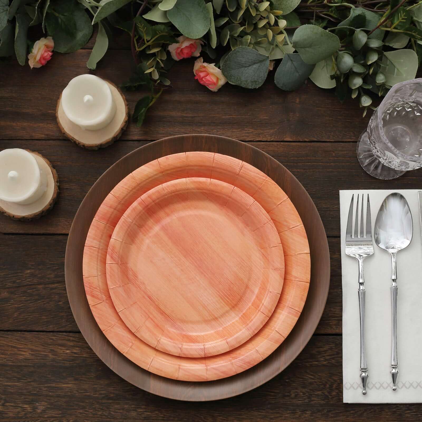 25-Pack Disposable 10-Inch Round Paper Dinner Plates with Natural Wood Grain Print
