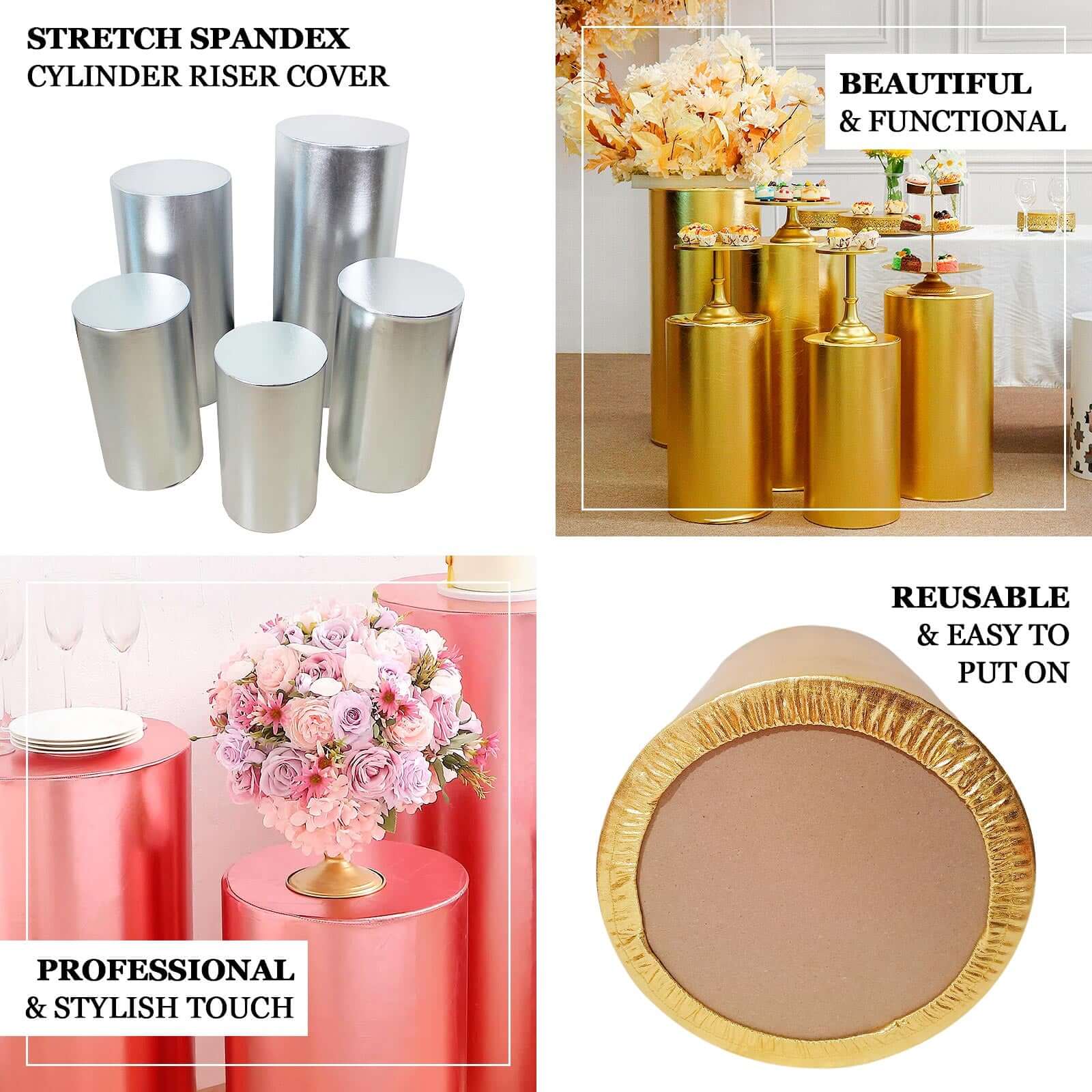 Hot Deal! Set of 5 Rose Gold Metallic Spandex Stretchable Pedestal Stand Covers - 130 GSM