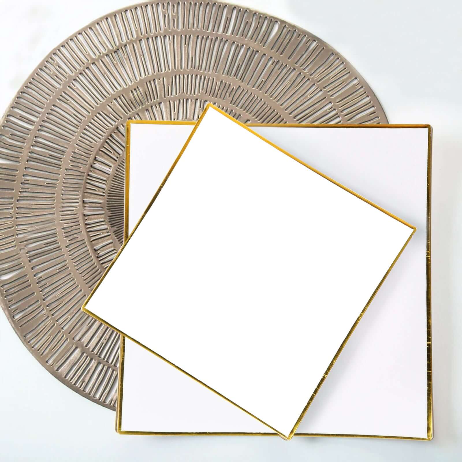 Hot Deal! 10-Pack White Concave Square Plastic Dessert Plates with Gold Rim - Ideal for Weddings & Special Events