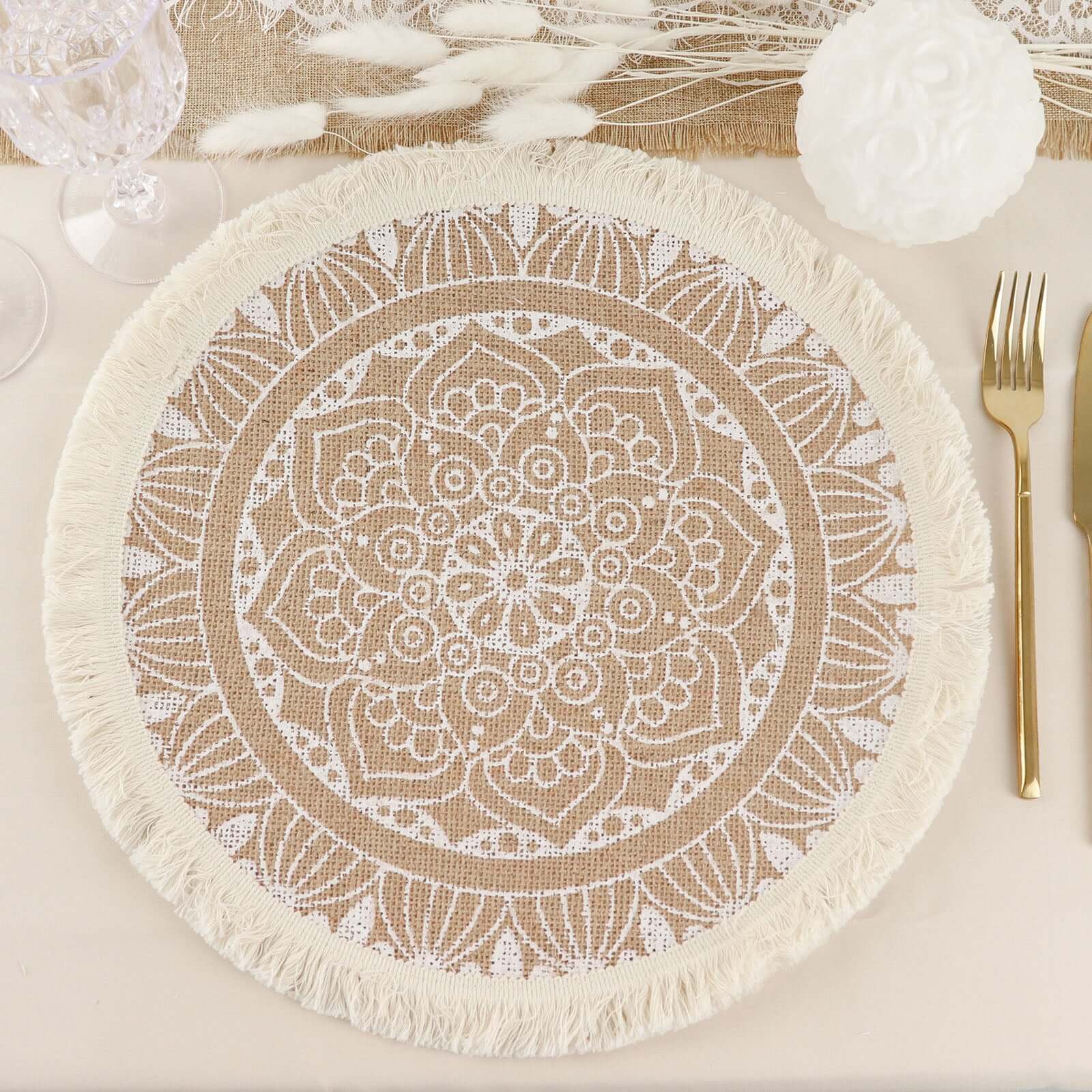 Hot Deal! 4-Pack Round Mandala Print Jute Placemats with Fringe and Tassel Design, Natural and White