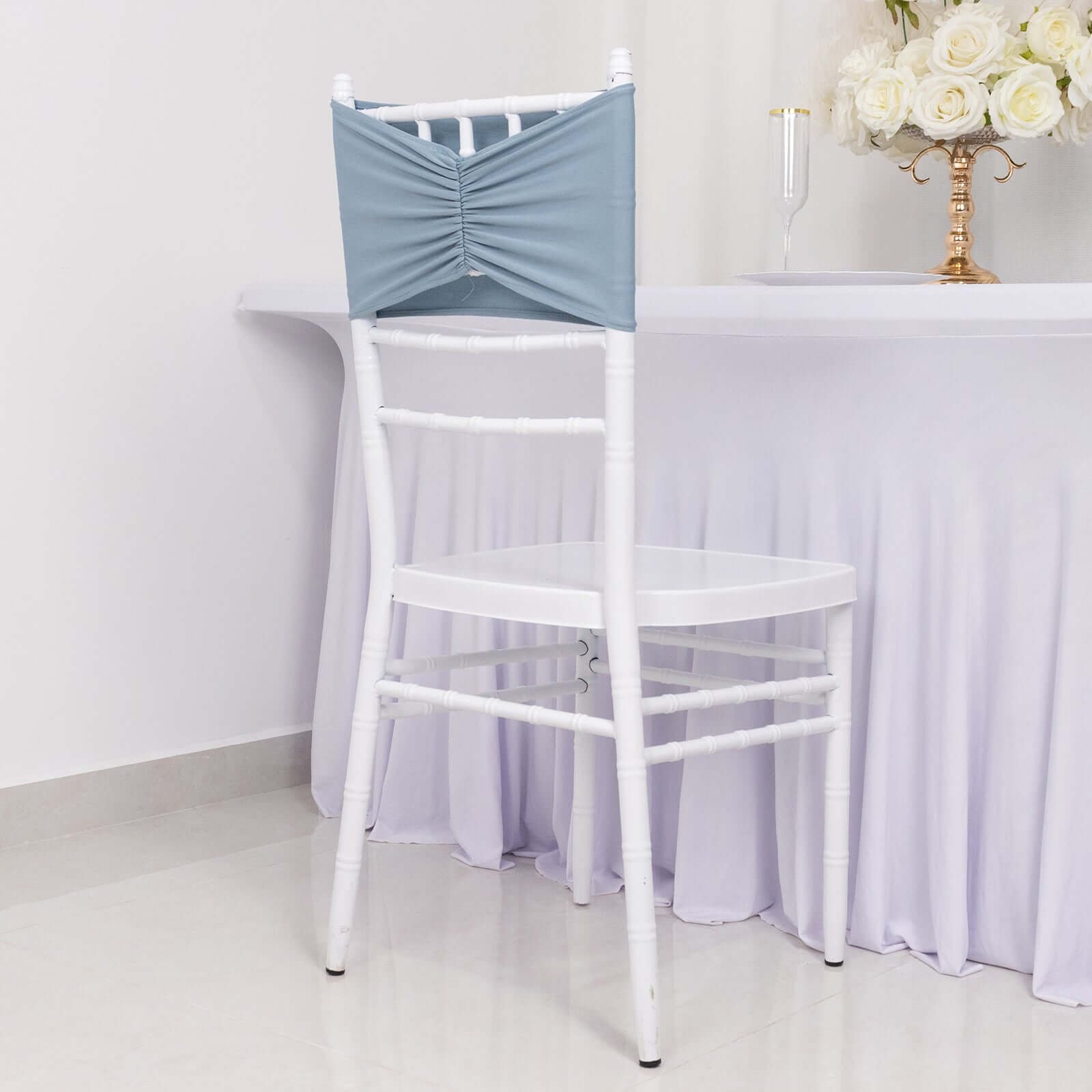 5-Pack Dusty Blue Ruffled Spandex Chair Sashes - Wide & Easy-to-Use Stretch Bands