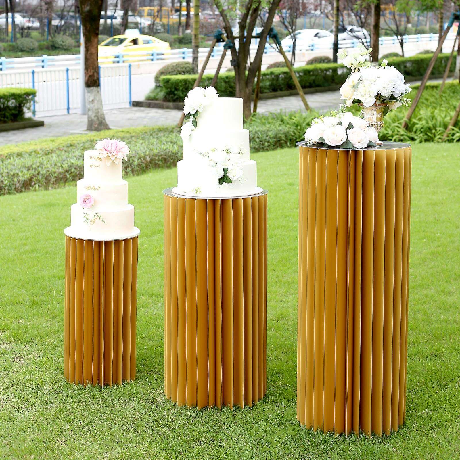Premium 40 Gold Accordion Cylinder Display Stand with PVC Top Plate