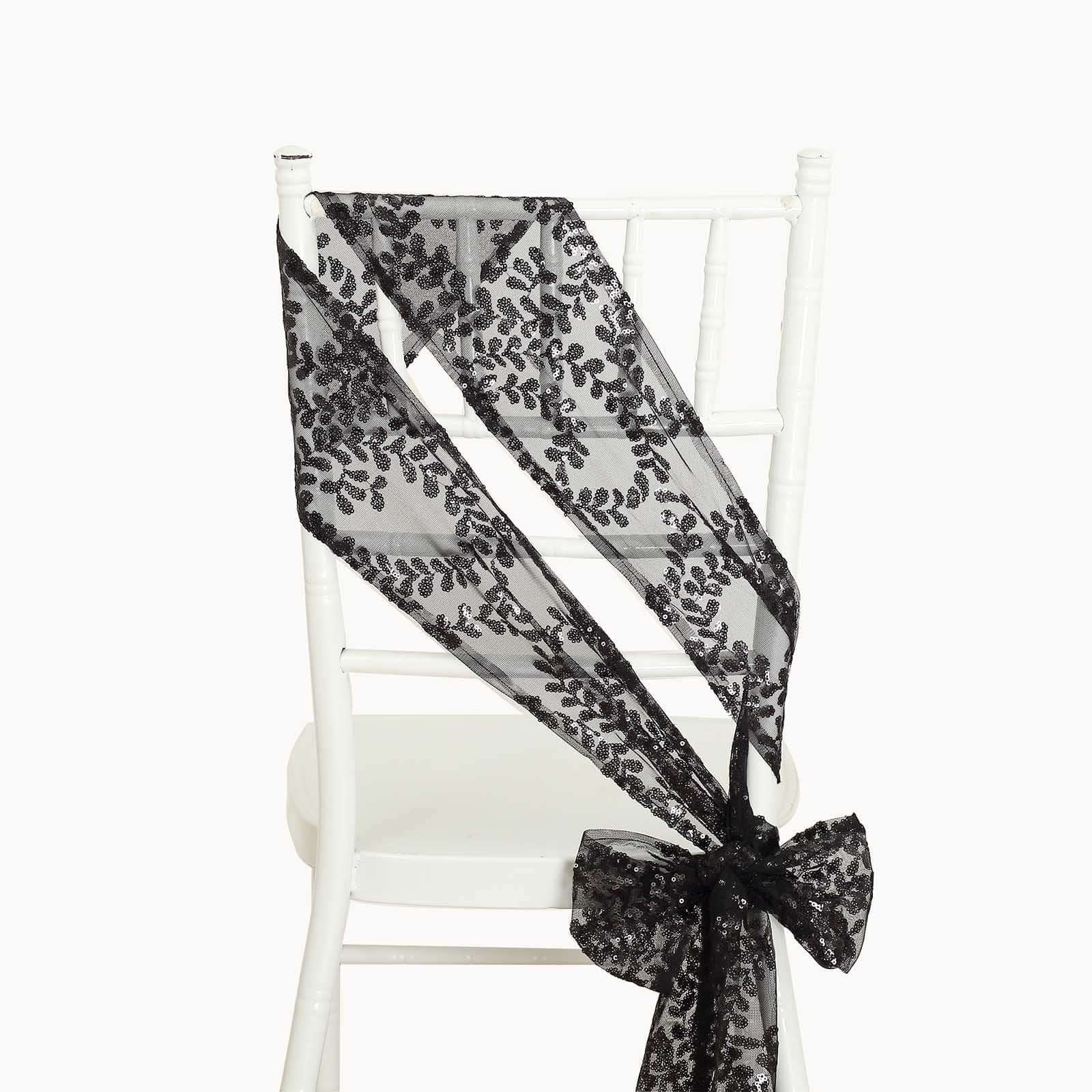 5-Pack Black Tulle Chair Sashes with Leaf Vine Embroidered Sequins - Ideal for Special Events