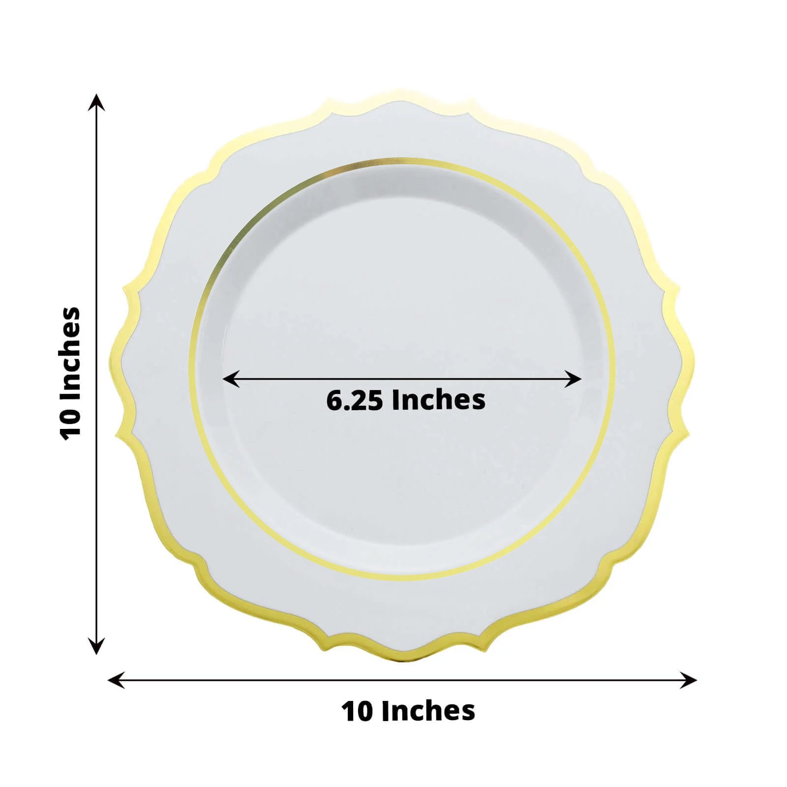 10-Piece Set of Disposable White Plastic Round Dinner Plates with Gold Scalloped Rims for Elegant Parties