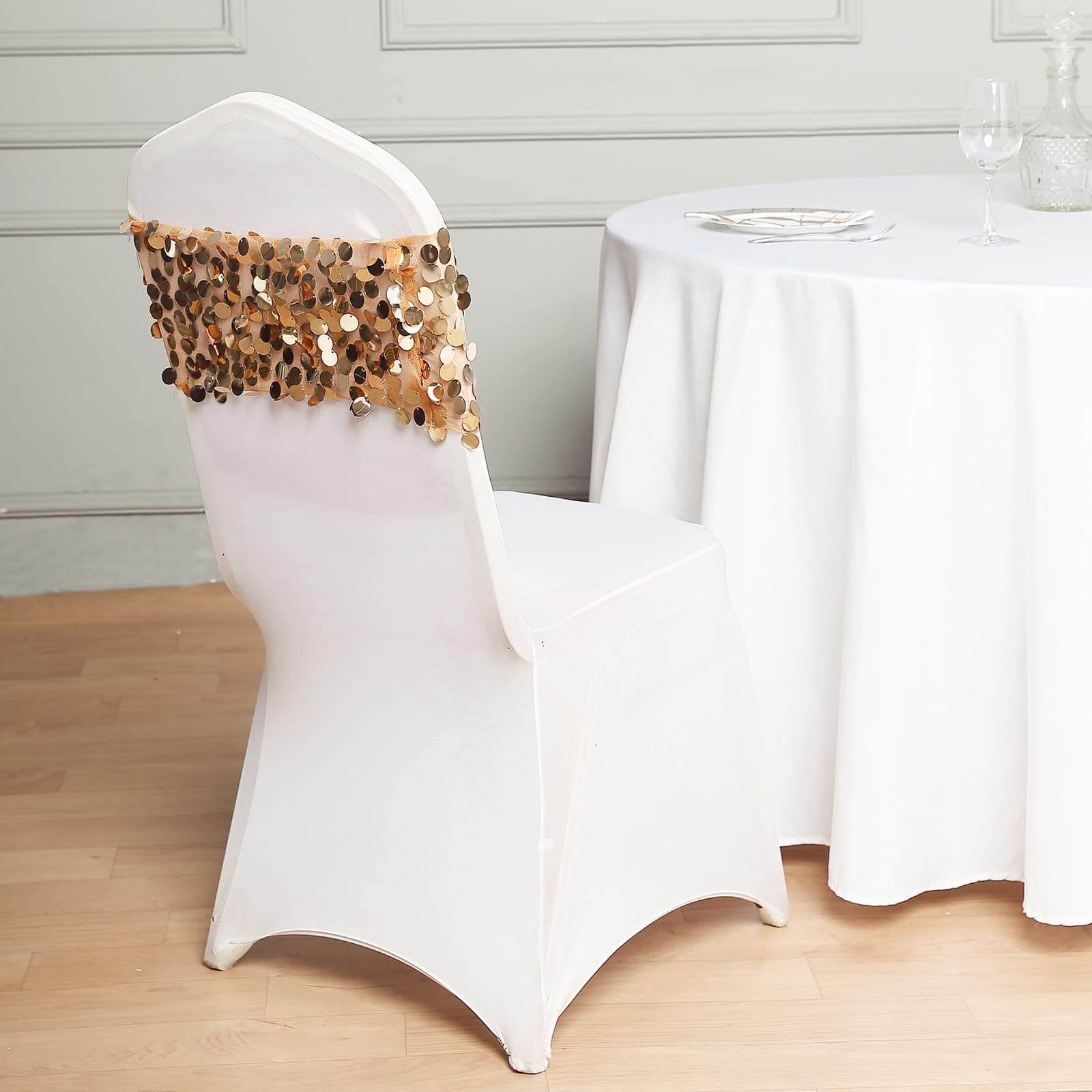 Hot Deal! 5-Pack Gold Big Payette Sequin 13x10 Chair Sash Bands for Weddings & Gatherings