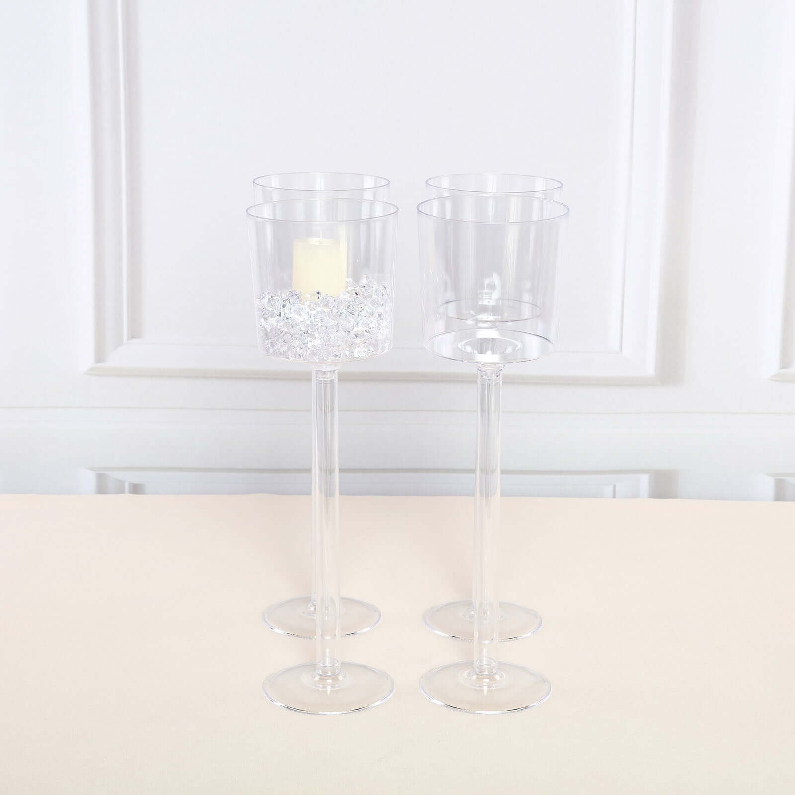 4-Pack Clear Plastic Cylinder Vases with Wine Cup Design for Long Stem Floral Centerpieces, 18"