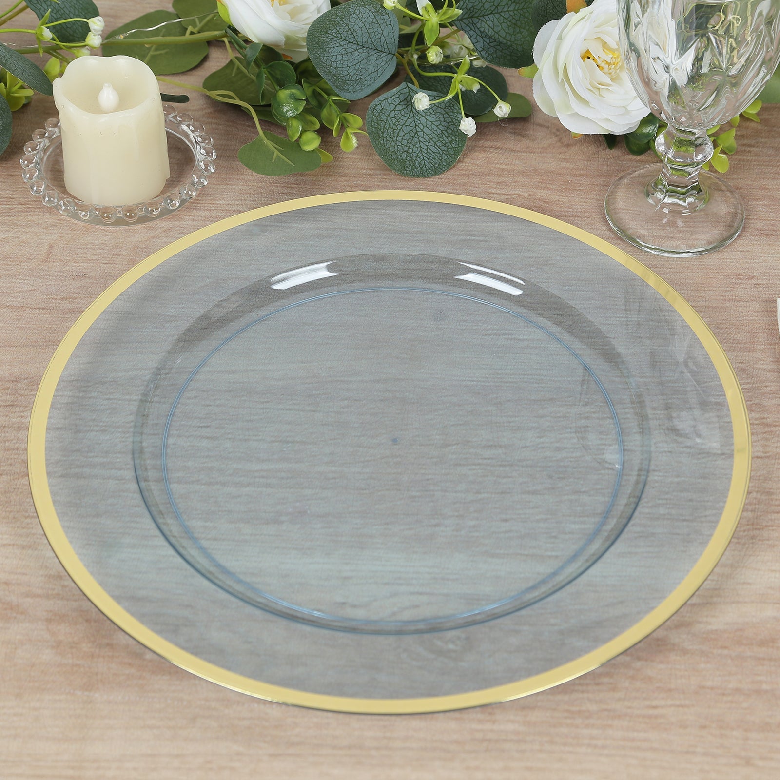 Economy 10-Pack 12-Inch Transparent Dusty Blue Round Plastic Charger Plates with Wide Gold Rim for Party Serving
