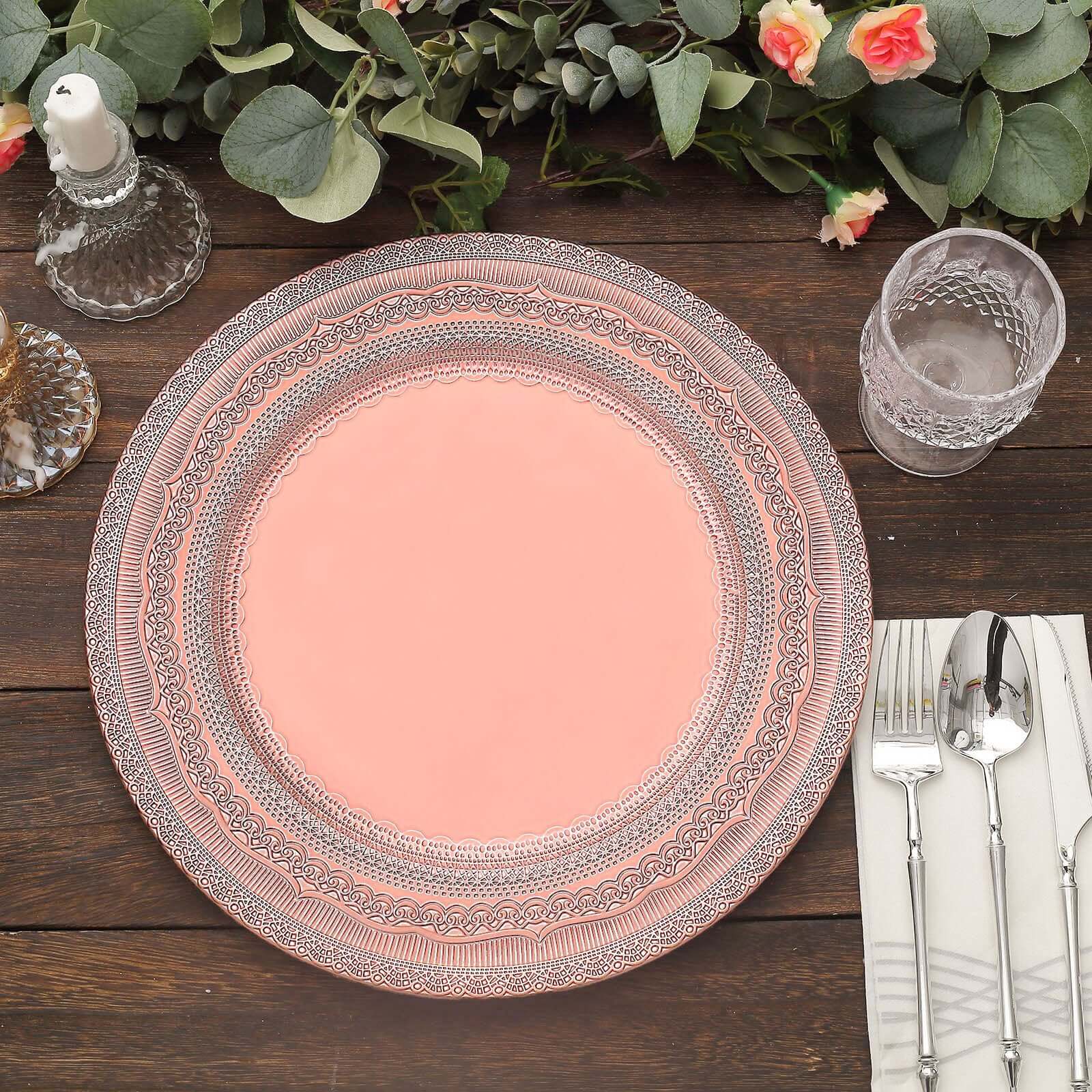Hot Sale! 6-Pack 13-inch Rose Gold Acrylic Charger Plates with Lace-Embossed Rim for Table Decor