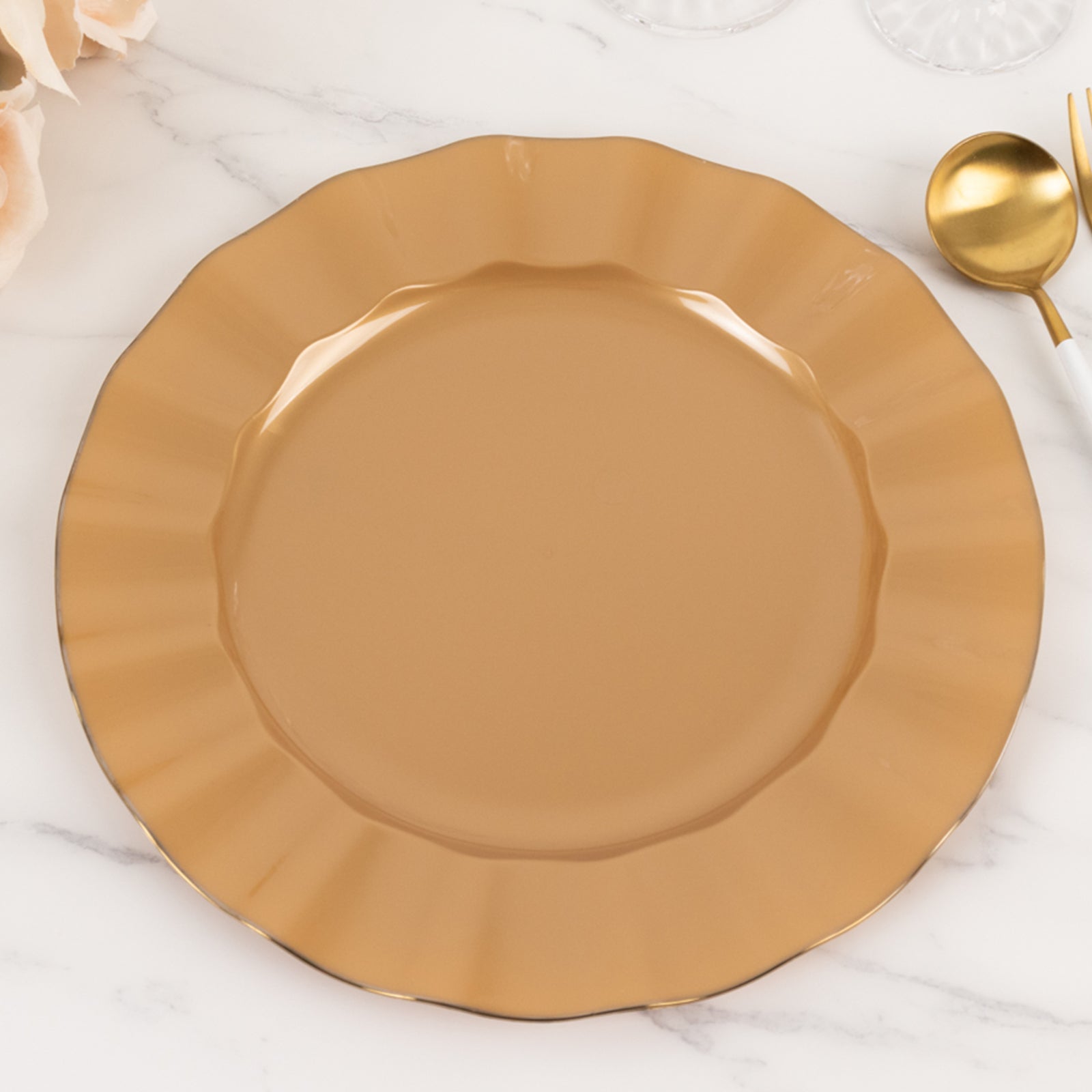 Get This 10-Pack of Sturdy Gold Plastic Round Dinner Plates with Ruffled Rim for Classy Events