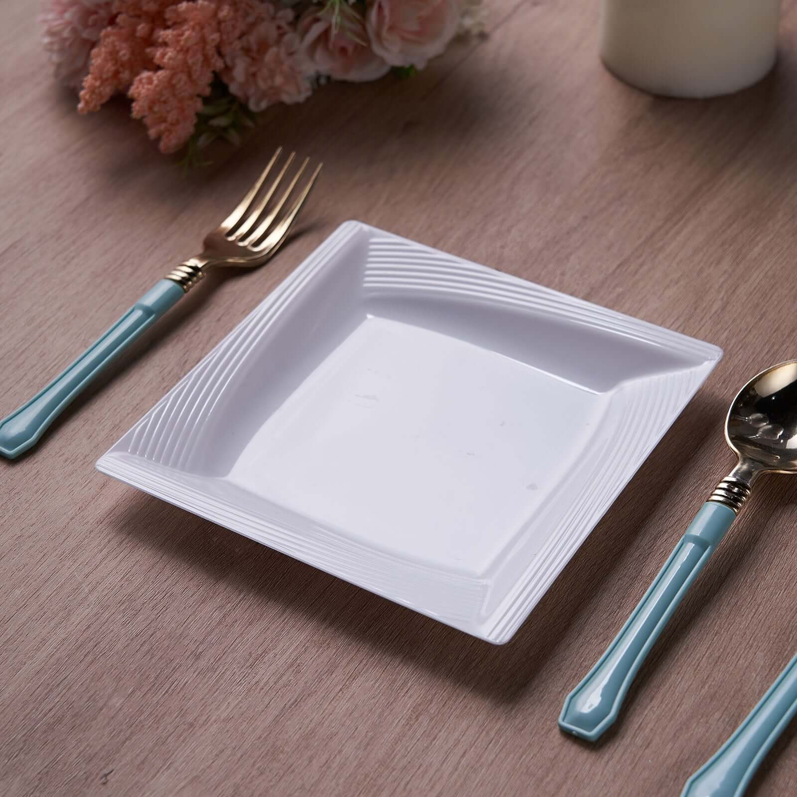 10-Pack White Disposable Plastic Square Dessert and Salad Plates with Geometric Ridge Trim for Stylish Events