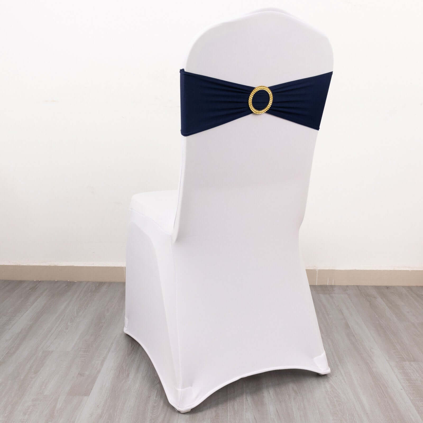 5-Piece Set of Navy Blue Spandex Chair Sashes with Gold Rhinestone Buckles - Reusable 4-Way Stretch Bands