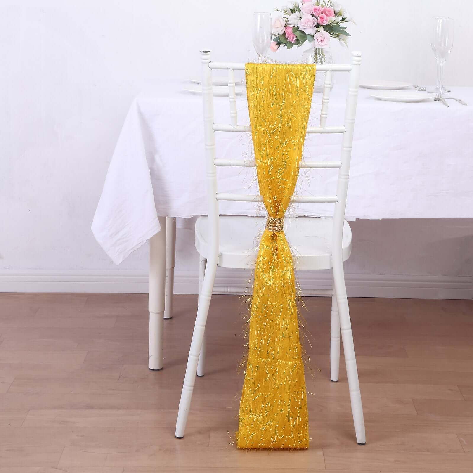 Hot Deal! 5-Pack Gold Metallic Tinsel Fringe Polyester Chair Sashes - Sparkly & Easy-to-Use
