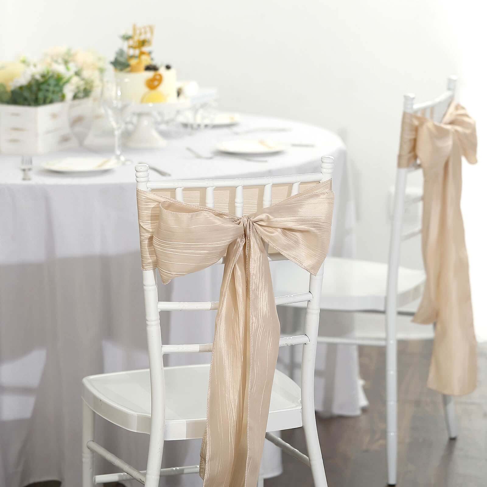 5-Piece Set of Beige Accordion Crinkle Taffeta Chair Sashes (6x106) - Ideal for Weddings and Gatherings