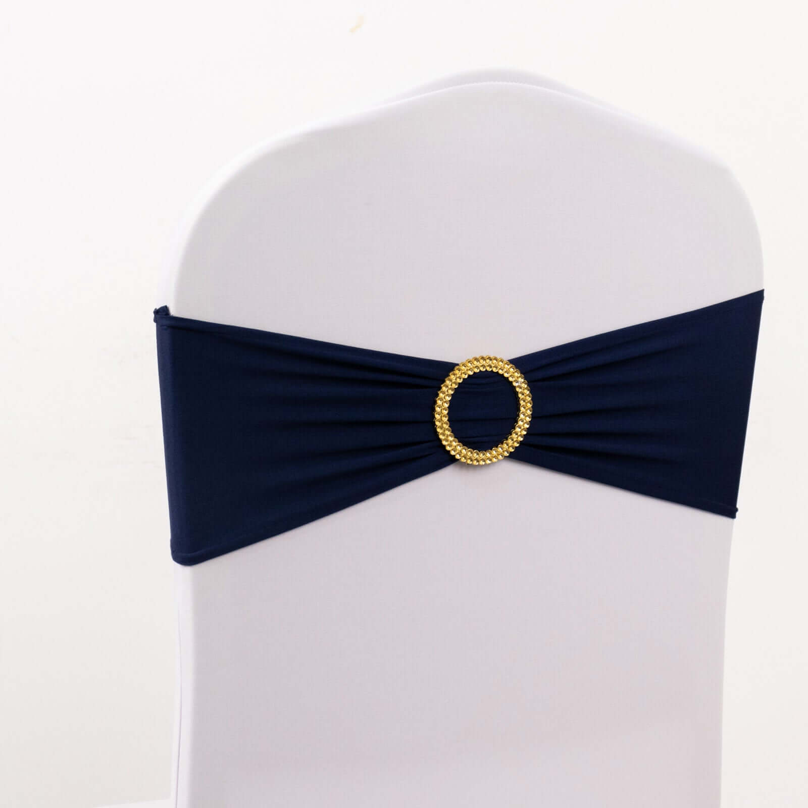 5-Piece Set of Navy Blue Spandex Chair Sashes with Gold Rhinestone Buckles - Reusable 4-Way Stretch Bands